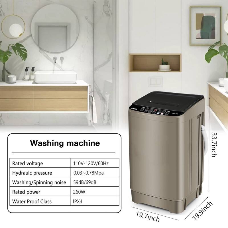 Washing machine

- Rated voltage: 110V-120V/60Hz
- Hydraulic pressure: 0.03~0.78Mpa
- Washing/Spinning noise: 59dB/69dB
- Rated power: 260W
- Water Proof Class: IPX4

Dimensions:
- Height: 33.7 inch
- Width: 19.7 inch
- Depth: 19.9 inch