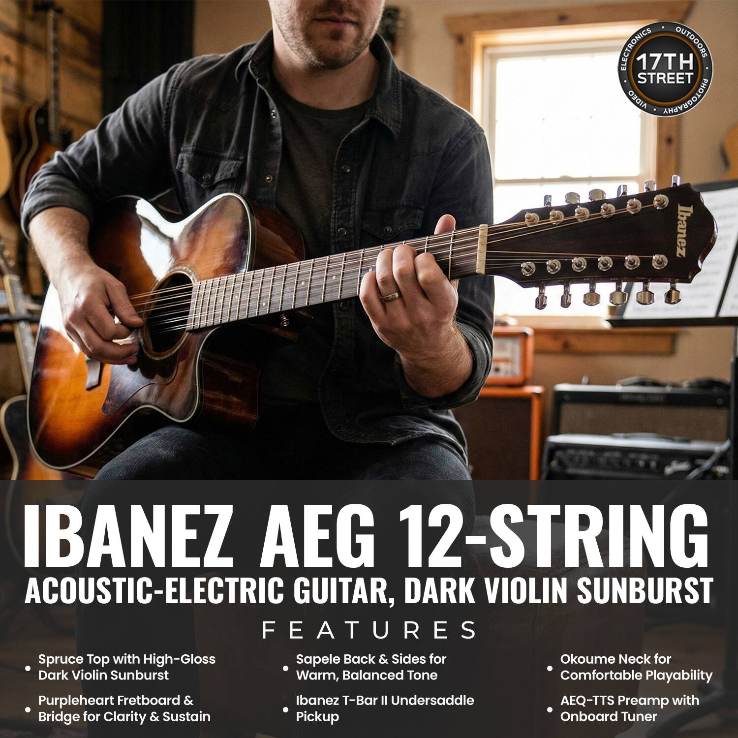 **IBANEZ AEG 12-STRING ACOUSTIC-ELECTRIC GUITAR, DARK VIOLIN SUNBURST**

**FEATURES**

- Spruce Top with High-Gloss Dark Violin Sunburst
- Purpleheart Fretboard & Bridge for Clarity & Sustain
- Sapele Back & Sides for Warm, Balanced Tone
- Ibanez T-Bar II Undersaddle Pickup
- Okoume Neck for Comfortable Playability
- AEQ-TTS Preamp with Onboard Tuner