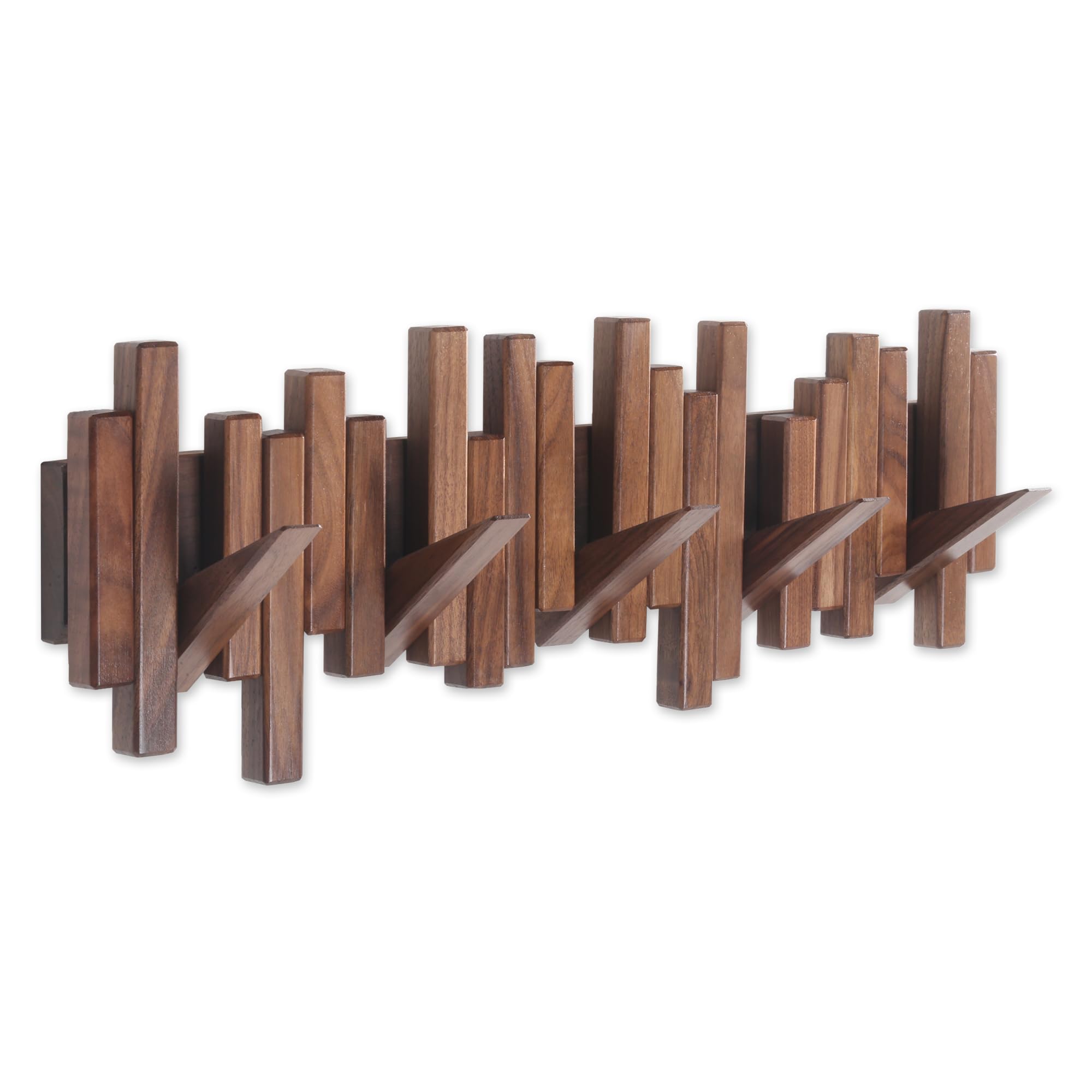 HM 1810 - Wooden Coat Rack Wall Mounted Sticks Multi Solid Handmade Walnut Wood Artwork With 5 Flip-down Modern Hooks - Walnut 5-hooks