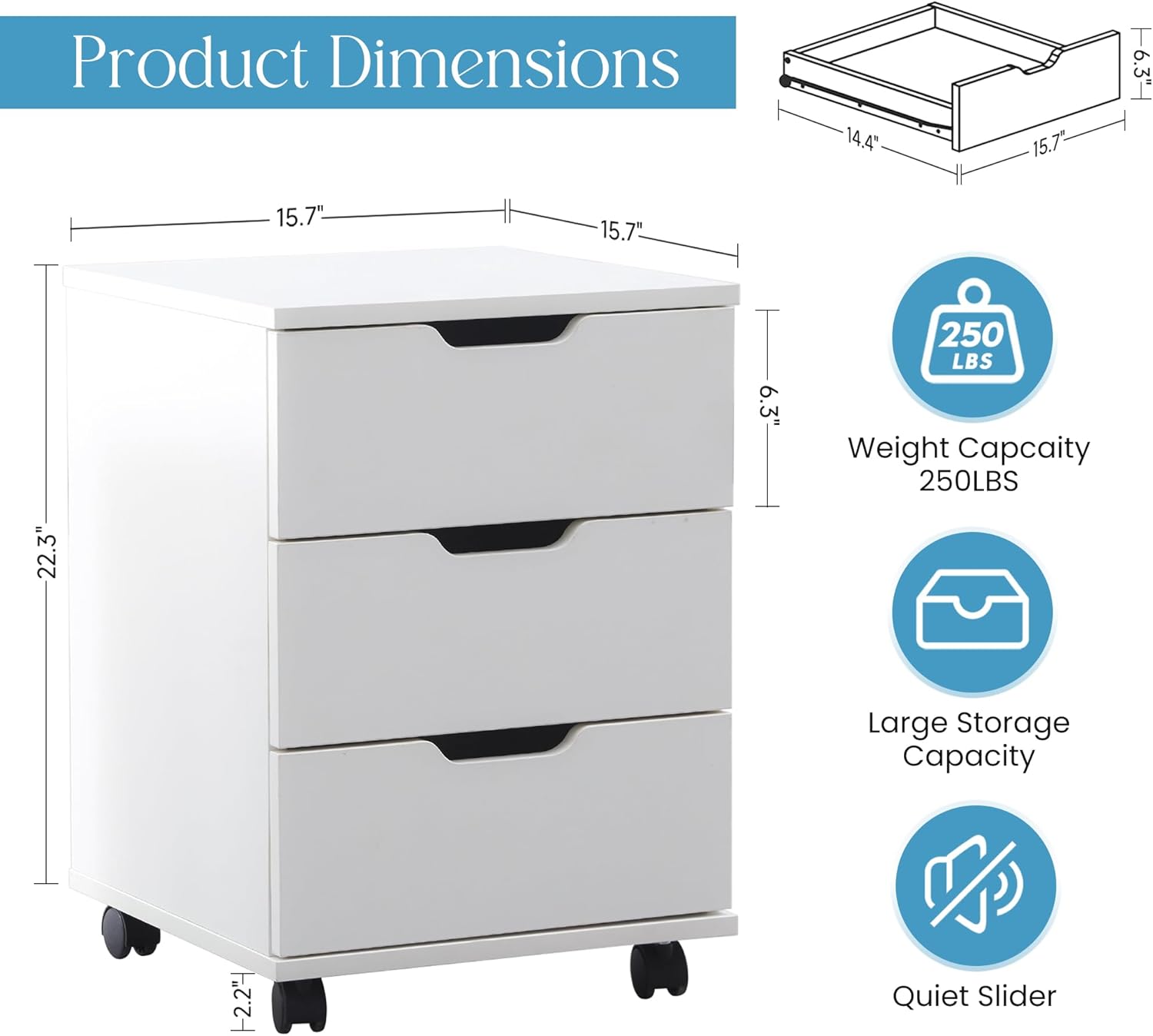 Product Dimensions:  
14.4" x 15.7" x 6.3" x 15.7" x 22.3" x 250 LBS  

Weight Capacity: 250 LBS  

Features:  
- Large Storage Capacity  
- Quiet Slider