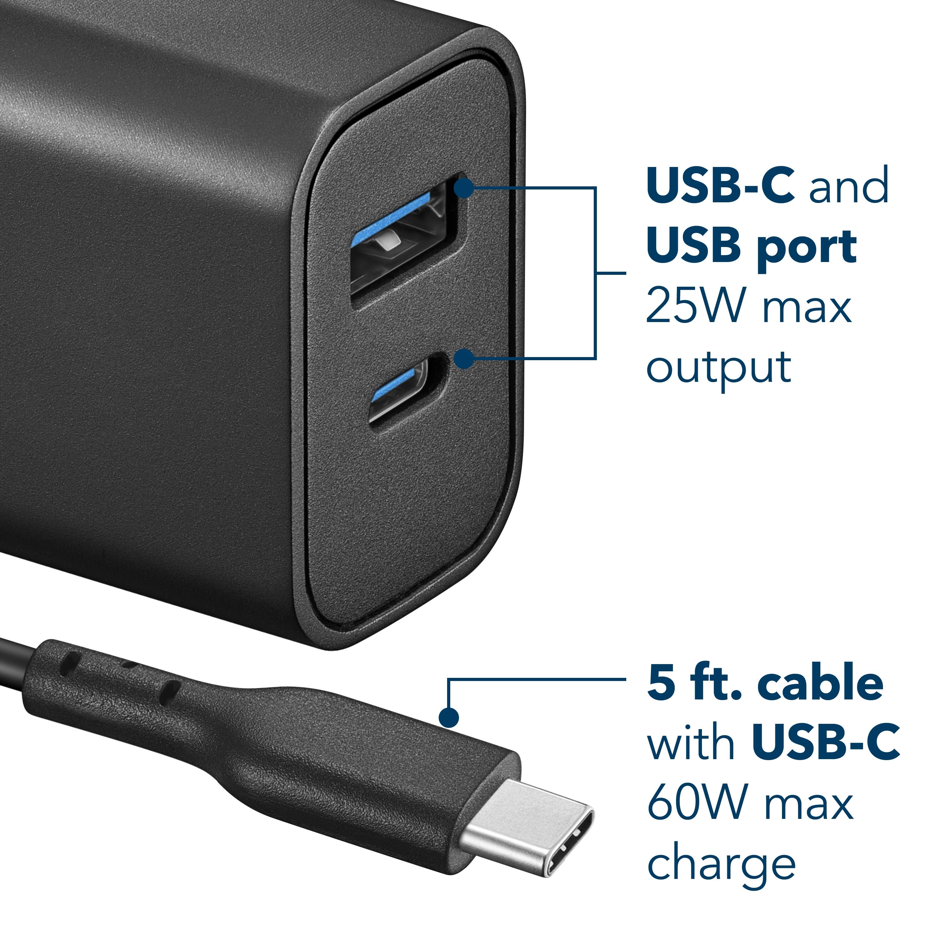 USB-C and USB port 25W max output  
5 ft. cable with USB-C 60W max charge