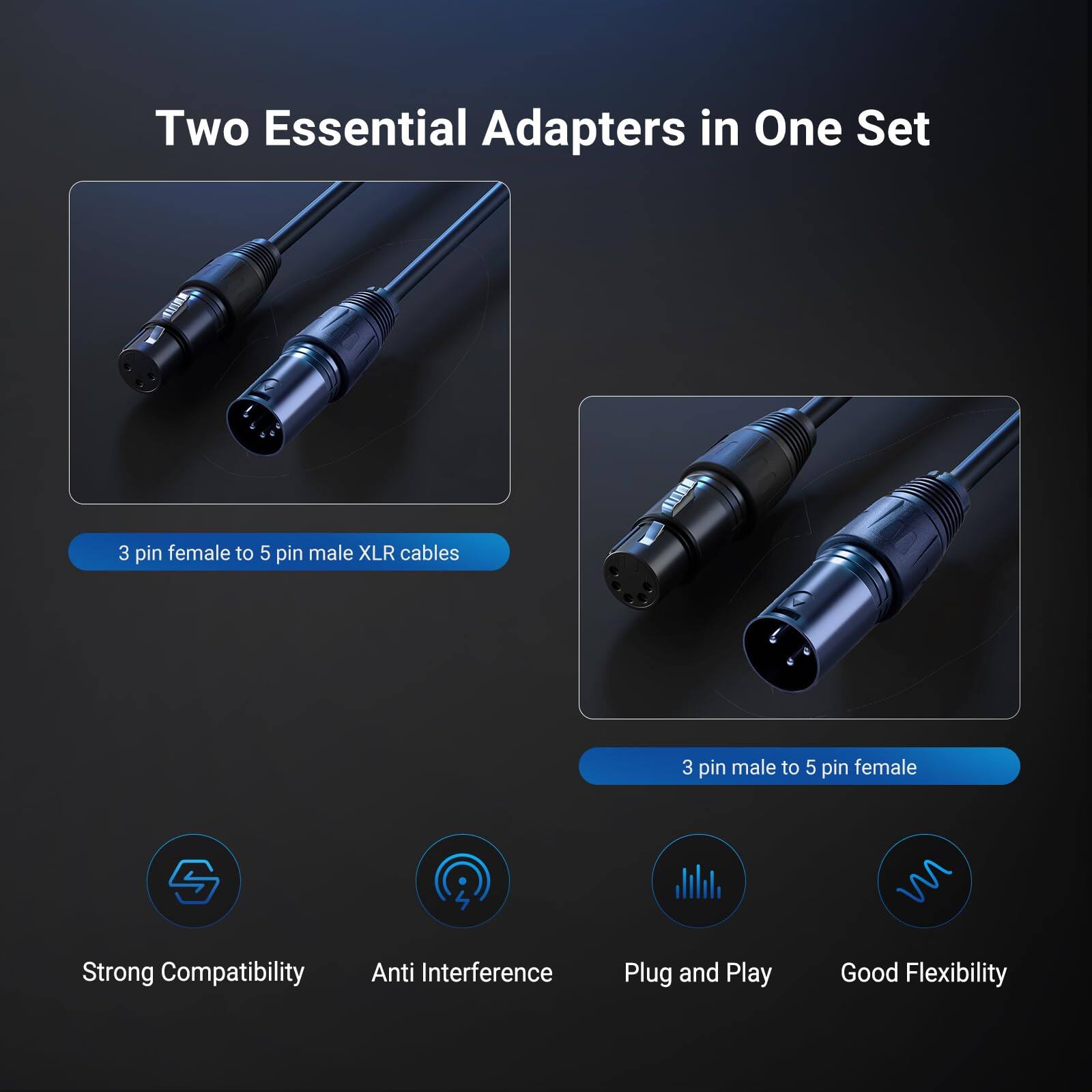 Two Essential Adapters in One Set

- 3 pin female to 5 pin male XLR cables
- 3 pin male to 5 pin female

Features:
- Strong Compatibility
- Anti Interference
- Plug and Play
- Good Flexibility