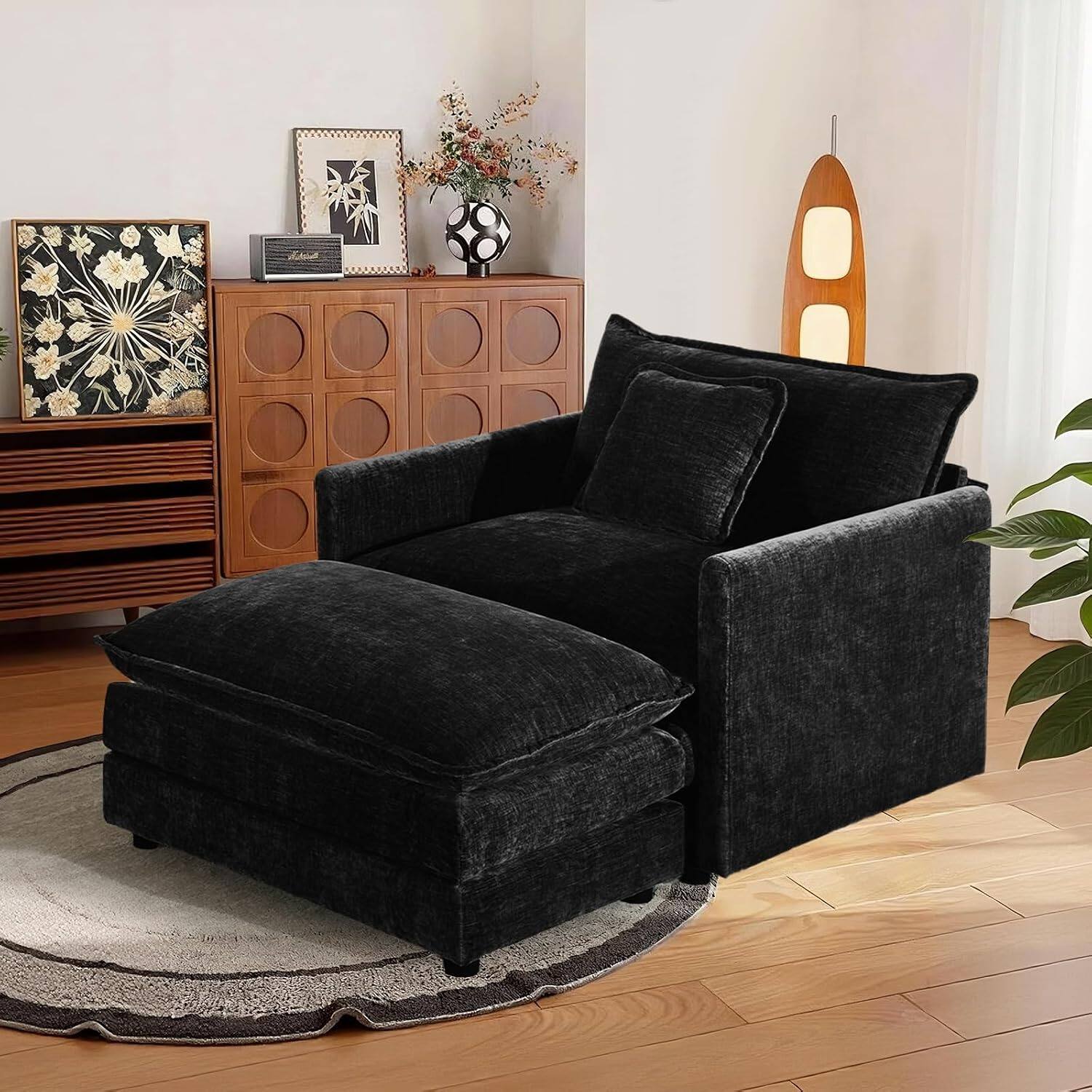 Left. JUJABU - Black Chenille Modular Single Sofa with Ottoman and Pillow for Living Room - Black.