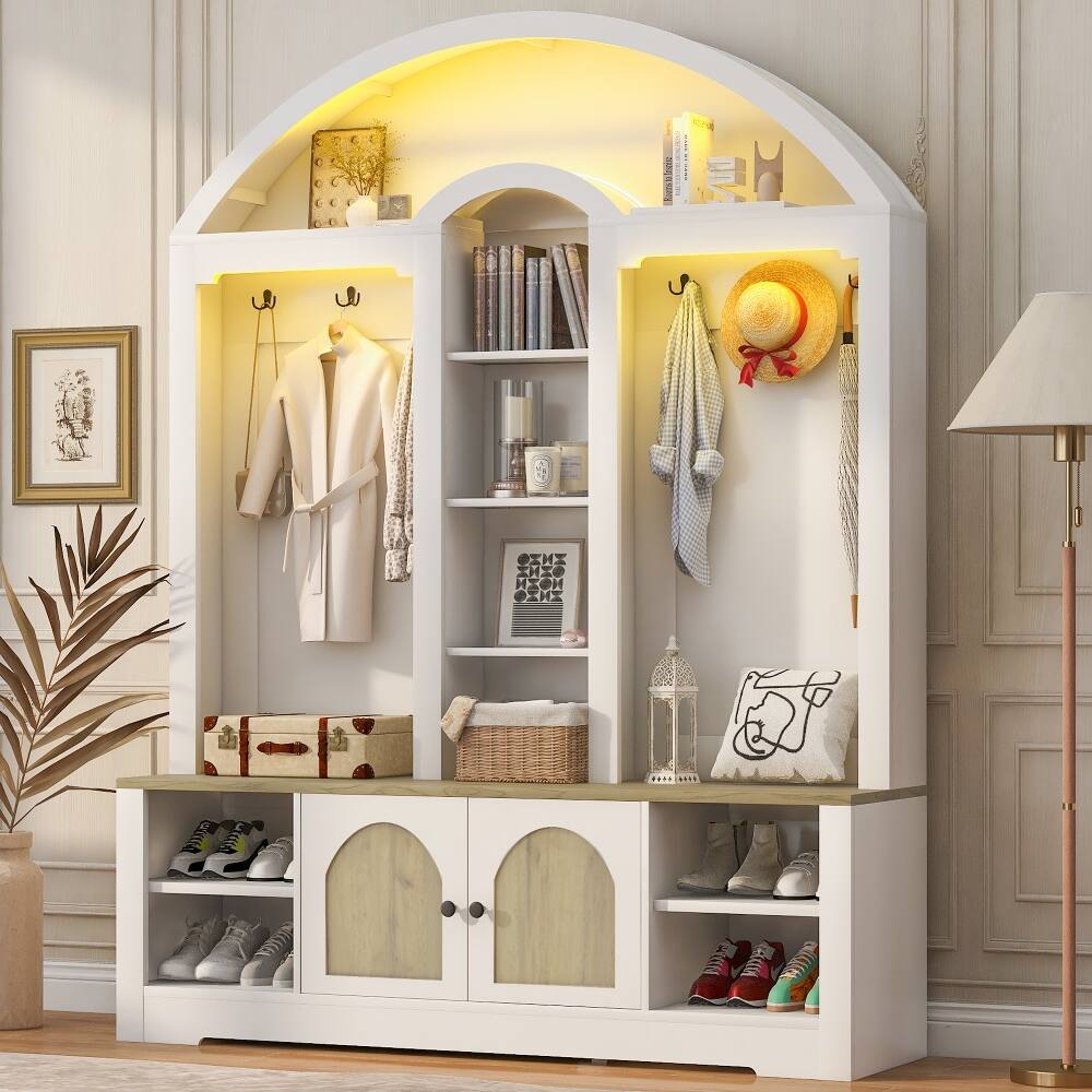 Angle. Loheer - Loheer Curved Entrance Wardrobe Hall Tree With Shoe Bench Two-Tone 59-Inch - White and Walnut.