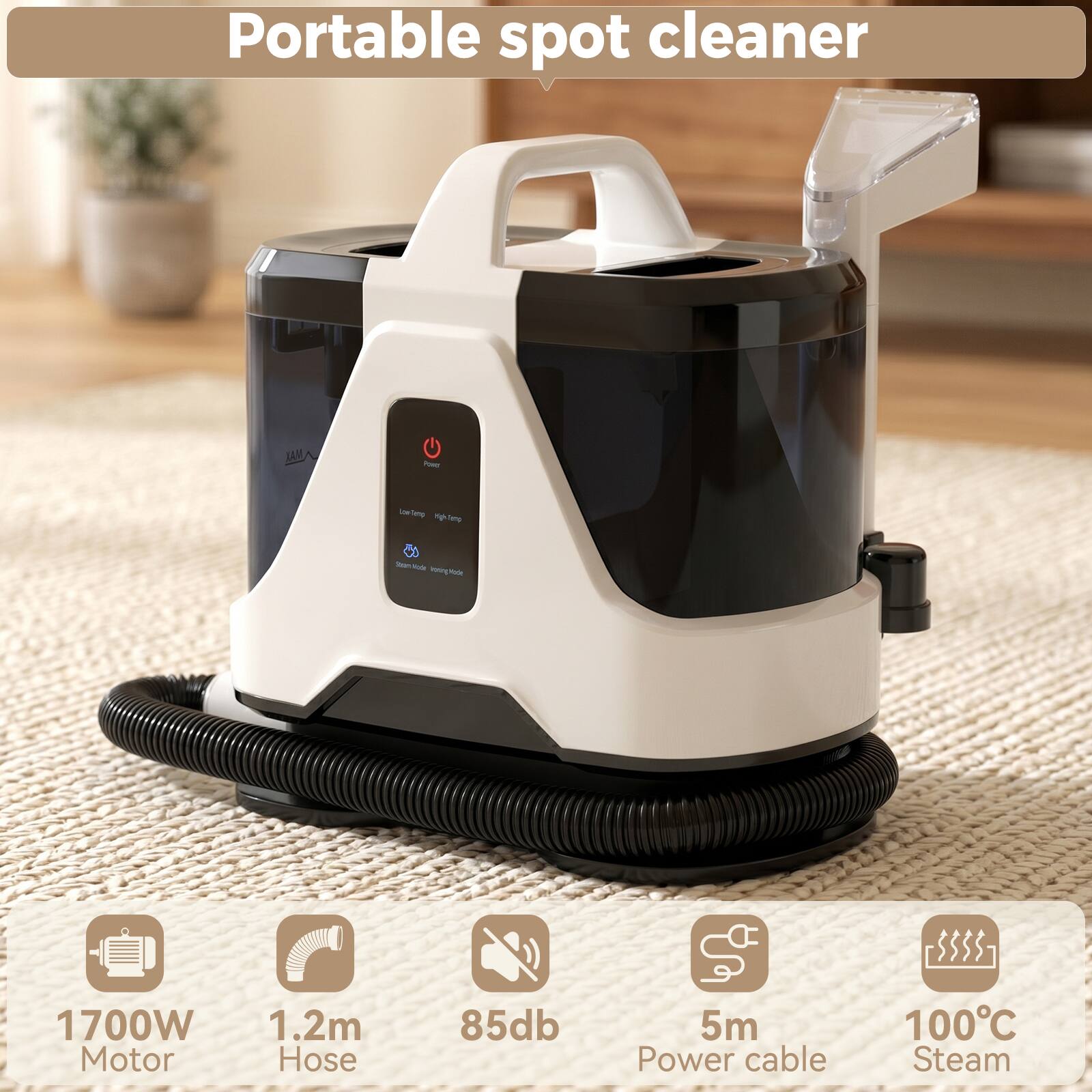 Portable spot cleaner TAM 2  
- 1700W Motor  
- 1.2m Hose  
- 85dB  
- 5m Power cable  
- 100°C Steam