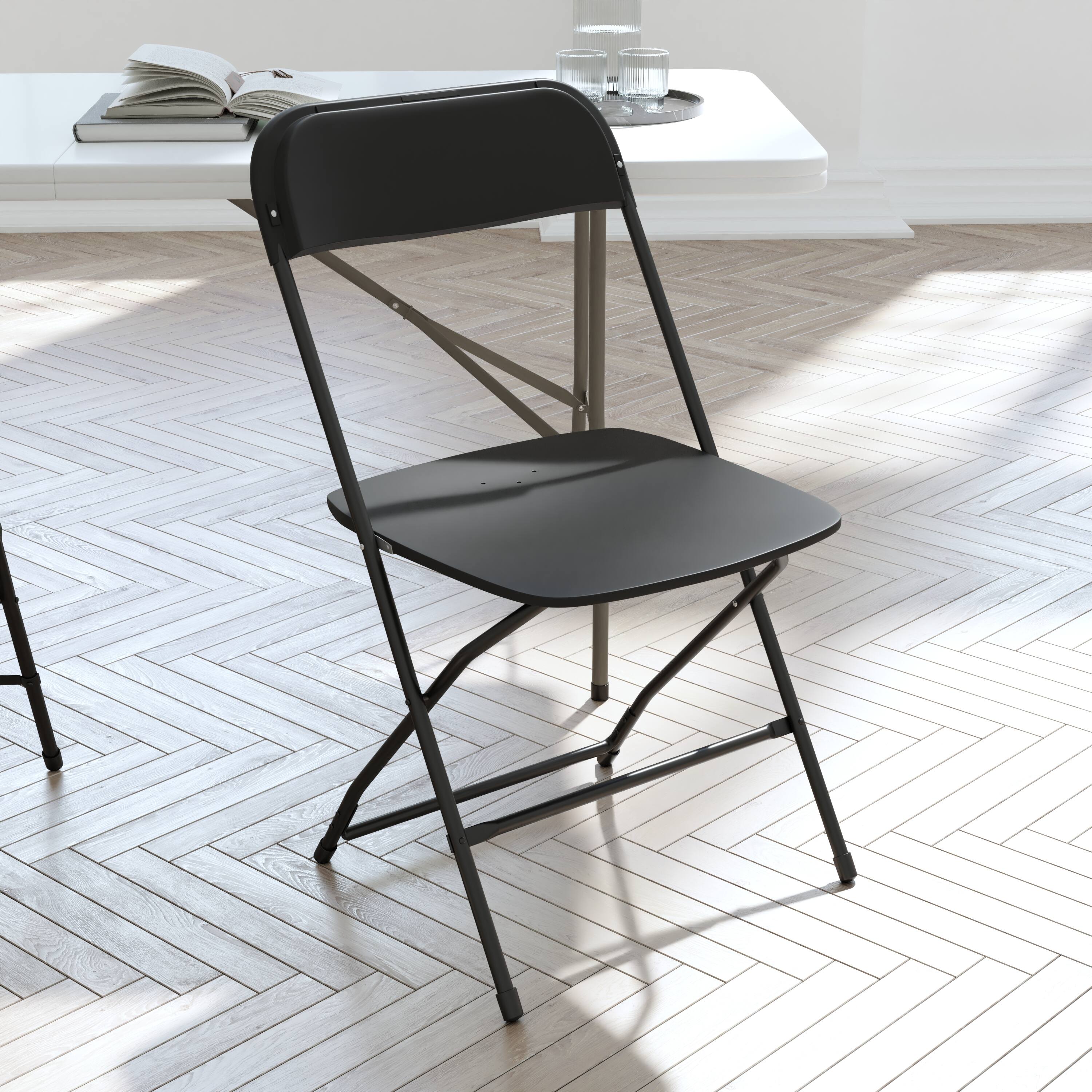 Alt View 5. Emma + Oliver - Set of 4 Extra Wide Plastic Folding Chairs with Sturdy Metal Frames - Black.