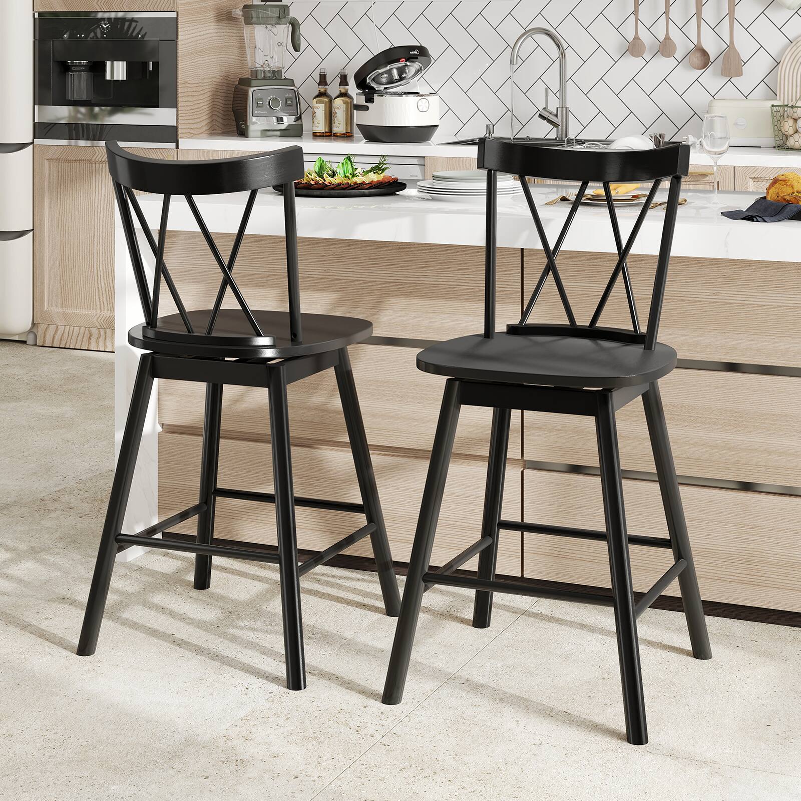 Alt View 4. Gymax - Gymax Windsor Bar Stool Set of 4 24'' Swivel Rubber Wood Dining Chairs Spacious Seat Black - Black.