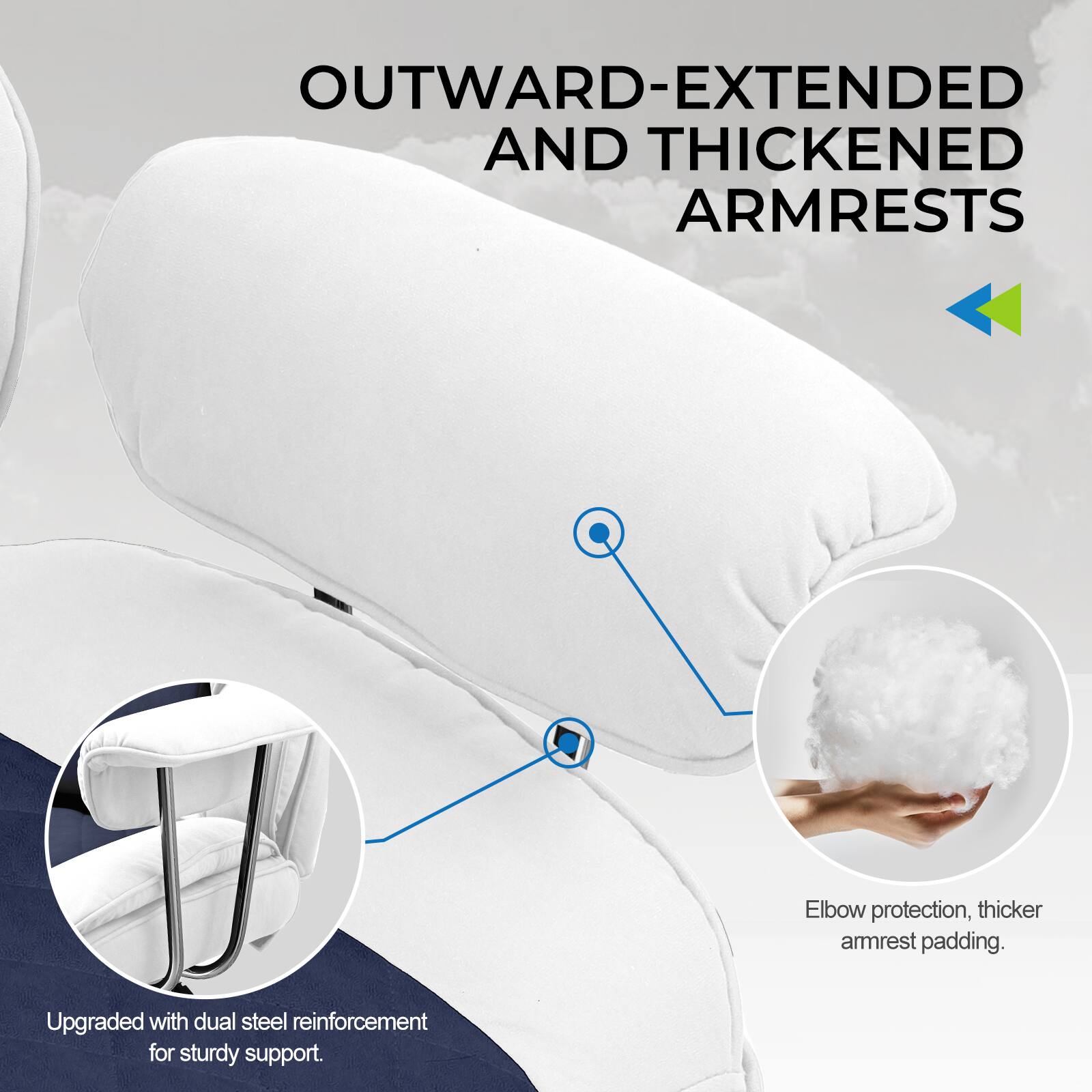 OUTWARD-EXTENDED AND THICKENED ARMRESTS

- Elbow protection, thicker armrest padding.
- Upgraded with dual steel reinforcement for sturdy support.