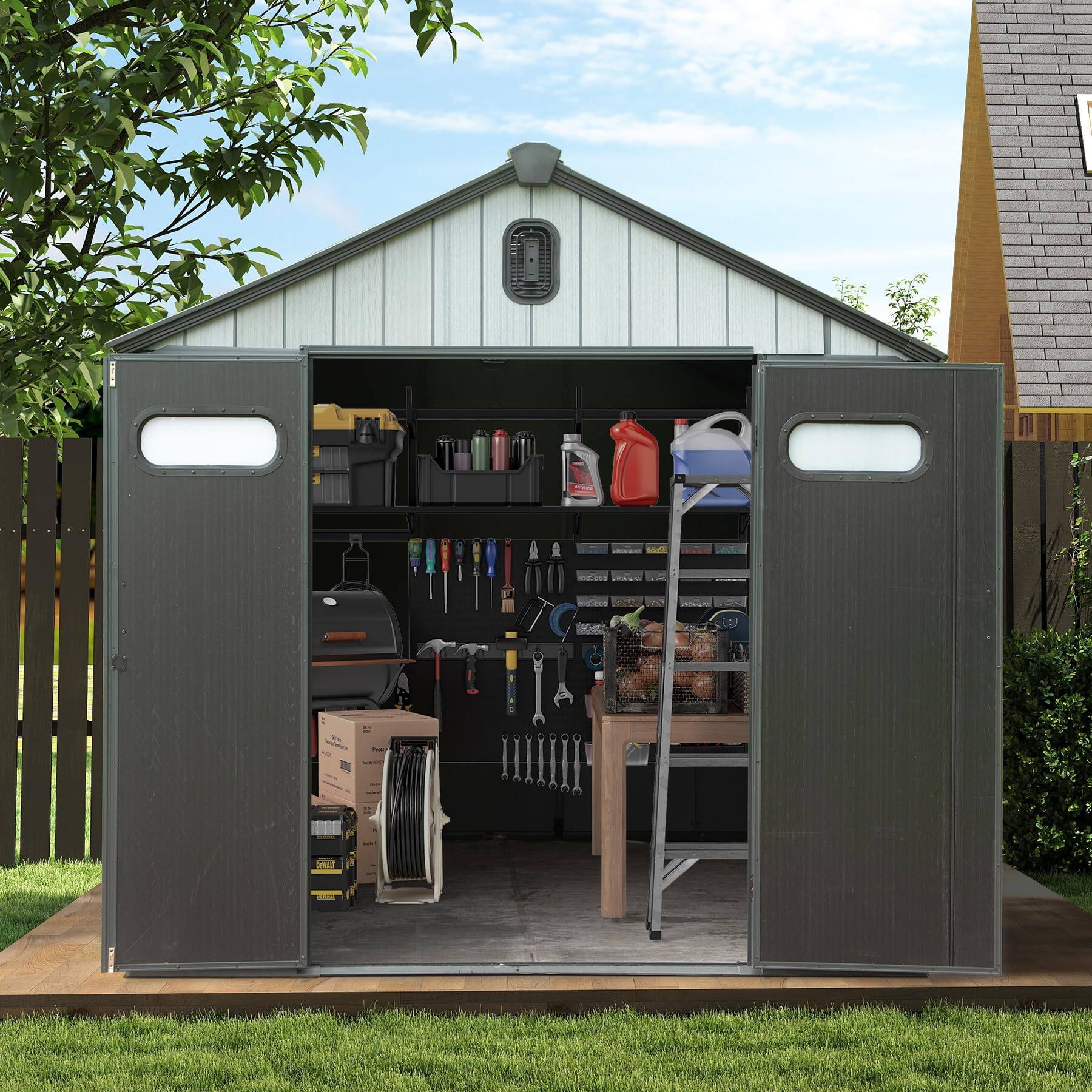 Left. Mondawe - 8x8FT Resin Storage Shed, Heavy-Duty Waterproof Garden Tool Shed - Grey.