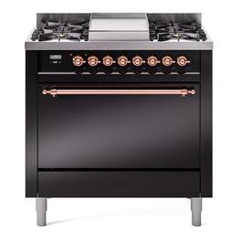 ILVE - Nostalgie II Series 36 in. Dual Fuel Range with 6 Sealed Burners + Griddle (Natural Gas, Copper Trim) - Glossy Black