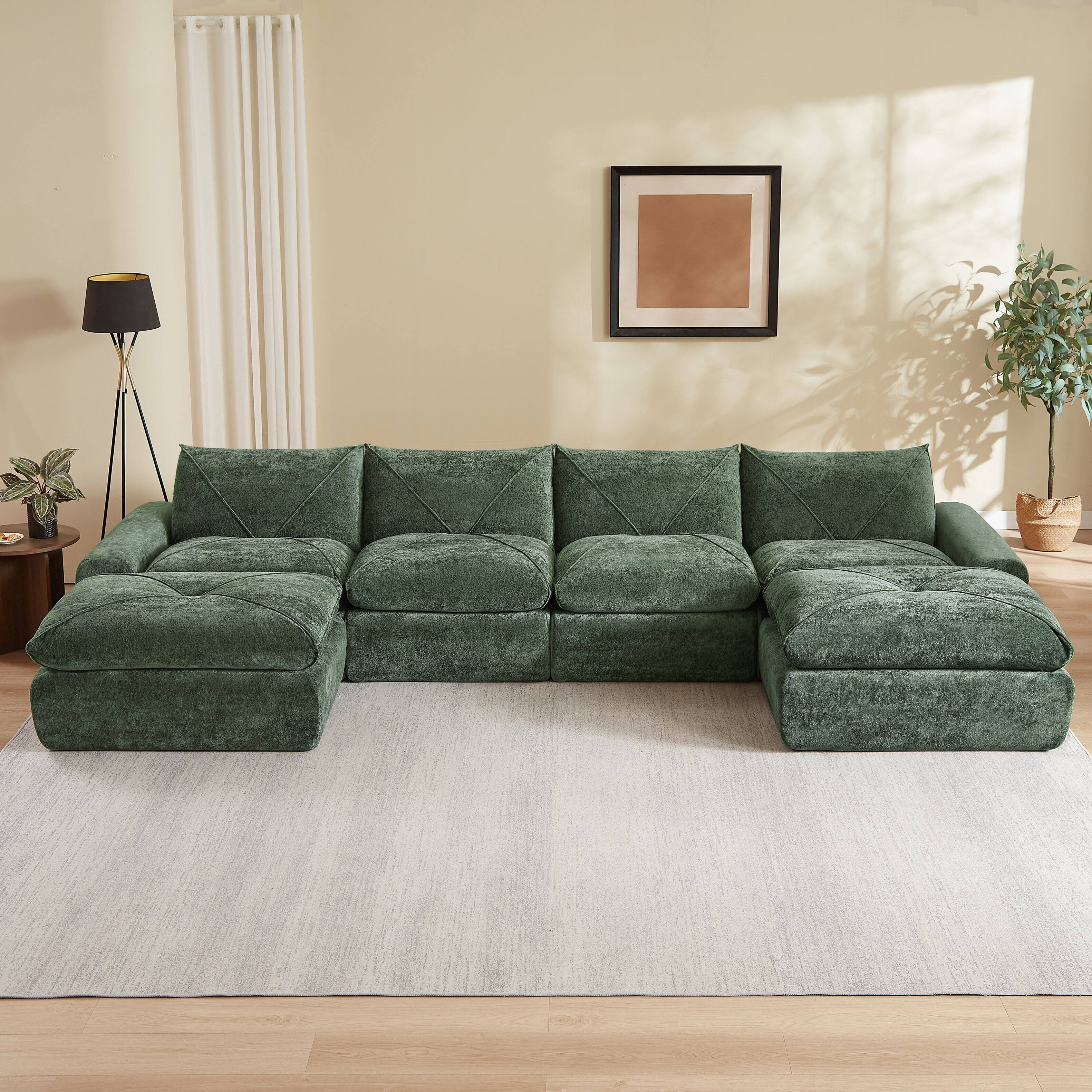 Loheer - Large Living Room Sectional Chenille Sofa with Footrest 152 Inch Modern Modular Couch for Family - Green