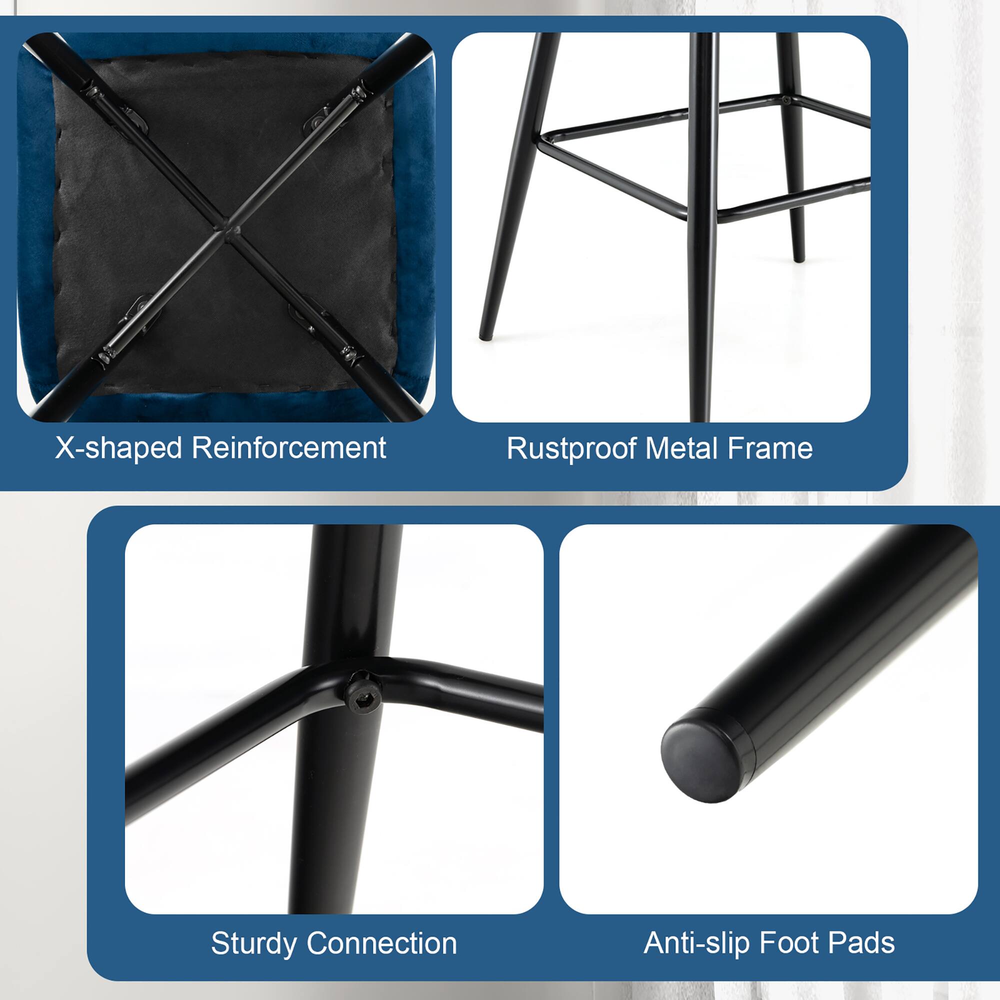 The image features a chair with a black leather seat and a metal frame. The chair is described as having an X-shaped reinforcement, a rustproof metal frame, and sturdy connections. Additionally, the chair is equipped with anti-slip foot pads for safety and stability.