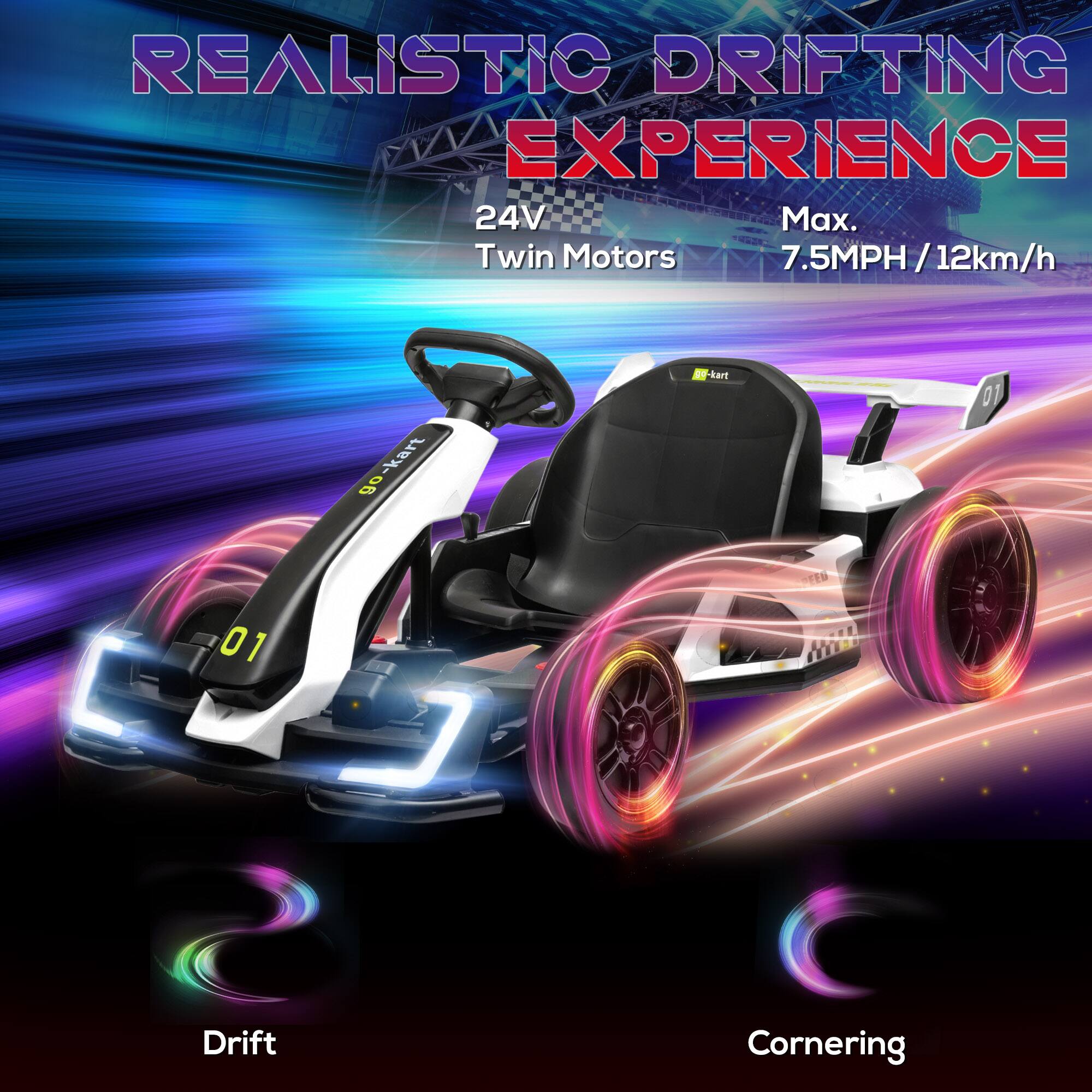 REALISTIC DRIFTING EXPERIENCE

24V Twin Motors

Max. 7.5MPH / 12km/h

Drift

Cornering