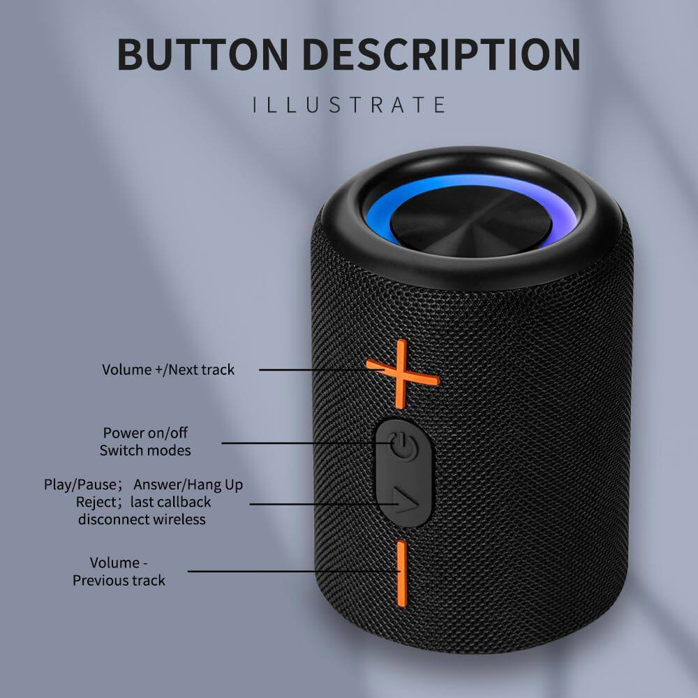 BUTTON DESCRIPTION  
ILLUSTRATE

- Volume +/Next track
- Power on/off  
  Switch modes
- Play/Pause; Answer/Hang Up  
  Reject; last callback  
  disconnect wireless
- Volume -  
  Previous track