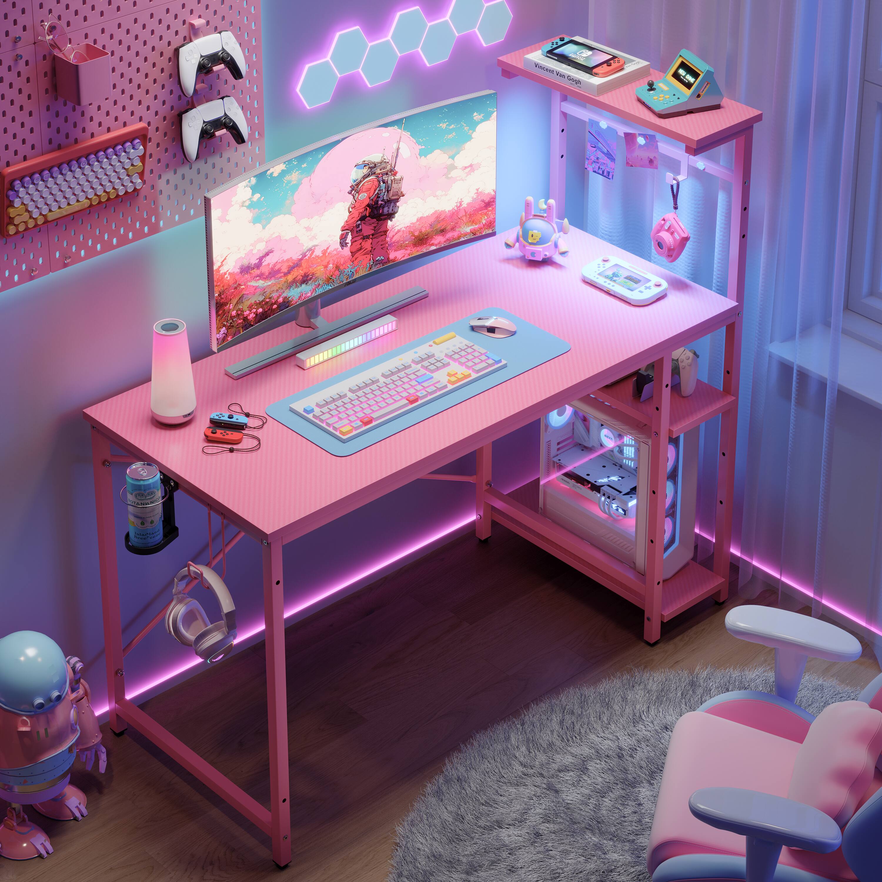 Left. Bestier - 44" RGB Gaming Desk with Reversible 4-Tier Storage and LED Lighting - Pink.
