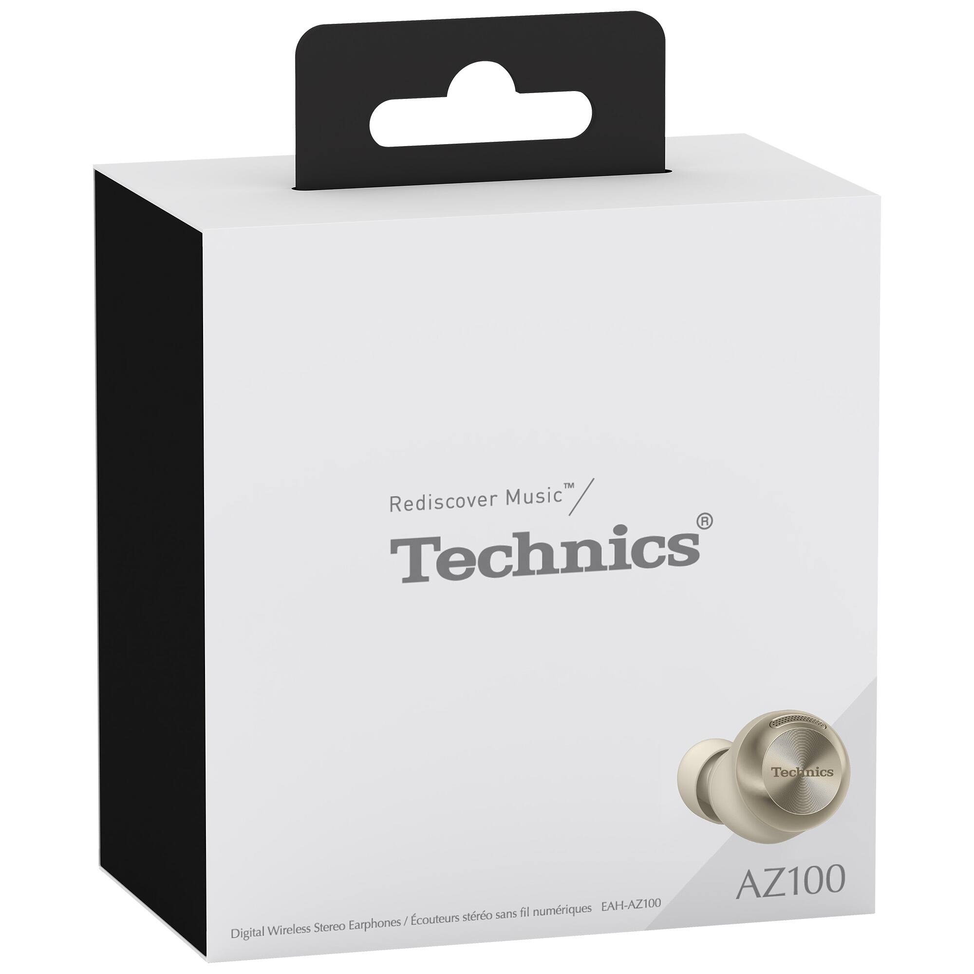 The text on the image reads: "Rediscover Music / Technics EAH-AZ100 Earphones Wireless Stereo Digital AZ100."