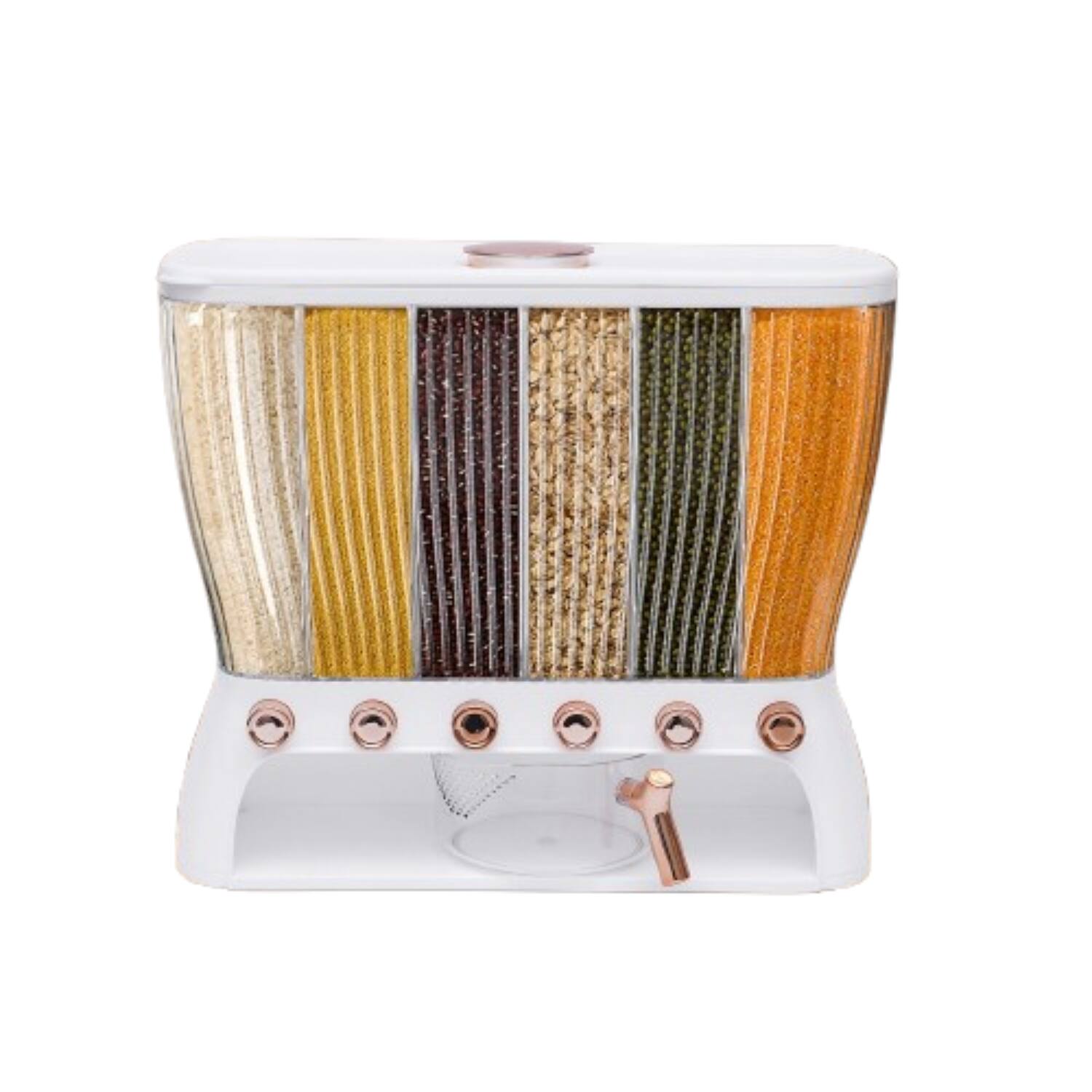 Front. Home Collection - Six-Grid Dry Food Dispenser 10 kg Rice and Cereal Storage Container - Clear, White, Gold.