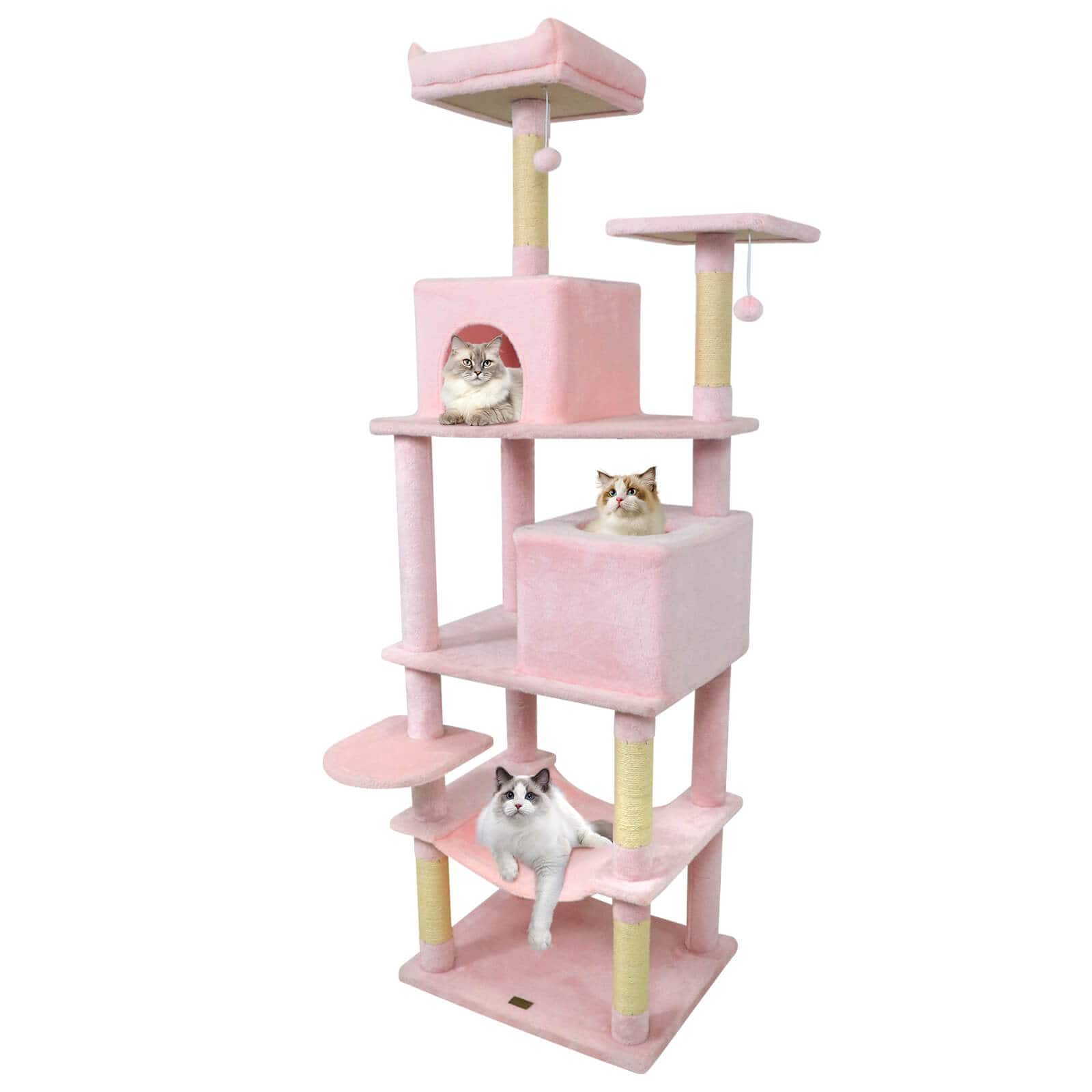 Costway - 70" Cat Tree for Indoor Cats with Padded Top Perch, Dual Condos, Hammock, Platforms - Pink