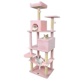 Costway - 70" Cat Tree for Indoor Cats with Padded Top Perch, Dual Condos, Hammock, Platforms - Pink