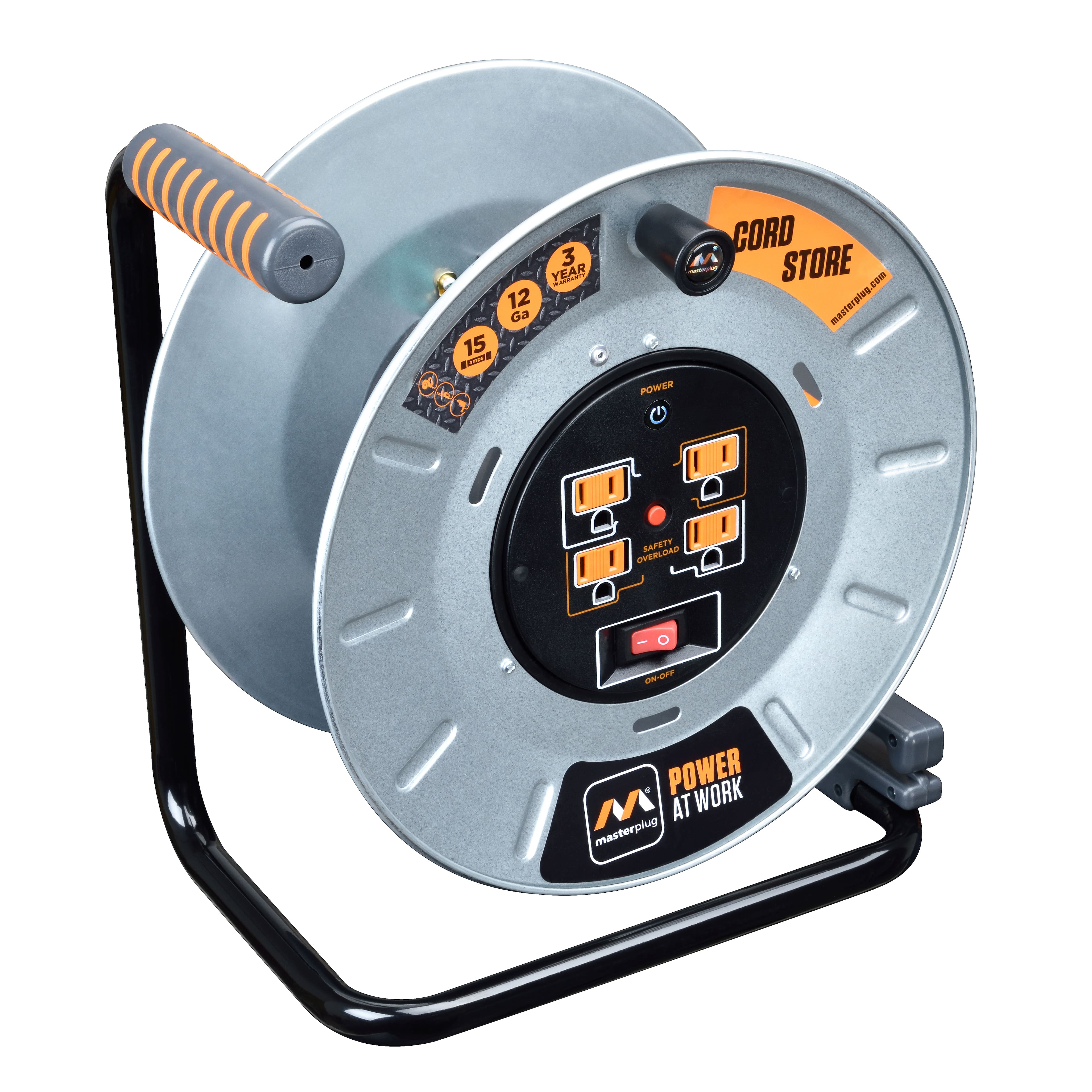 Alt View 16. Masterplug - 1Ft 4 Sockets 15A 12AWG Large Open Metal Reel - Metal & Orange.