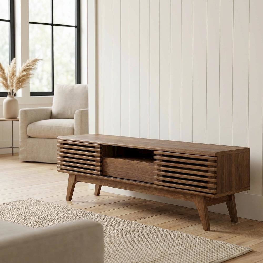 Back. FurniFact - Bicast Leather TV Stand in Elegant Finish with Ample Storage Space - Brown.