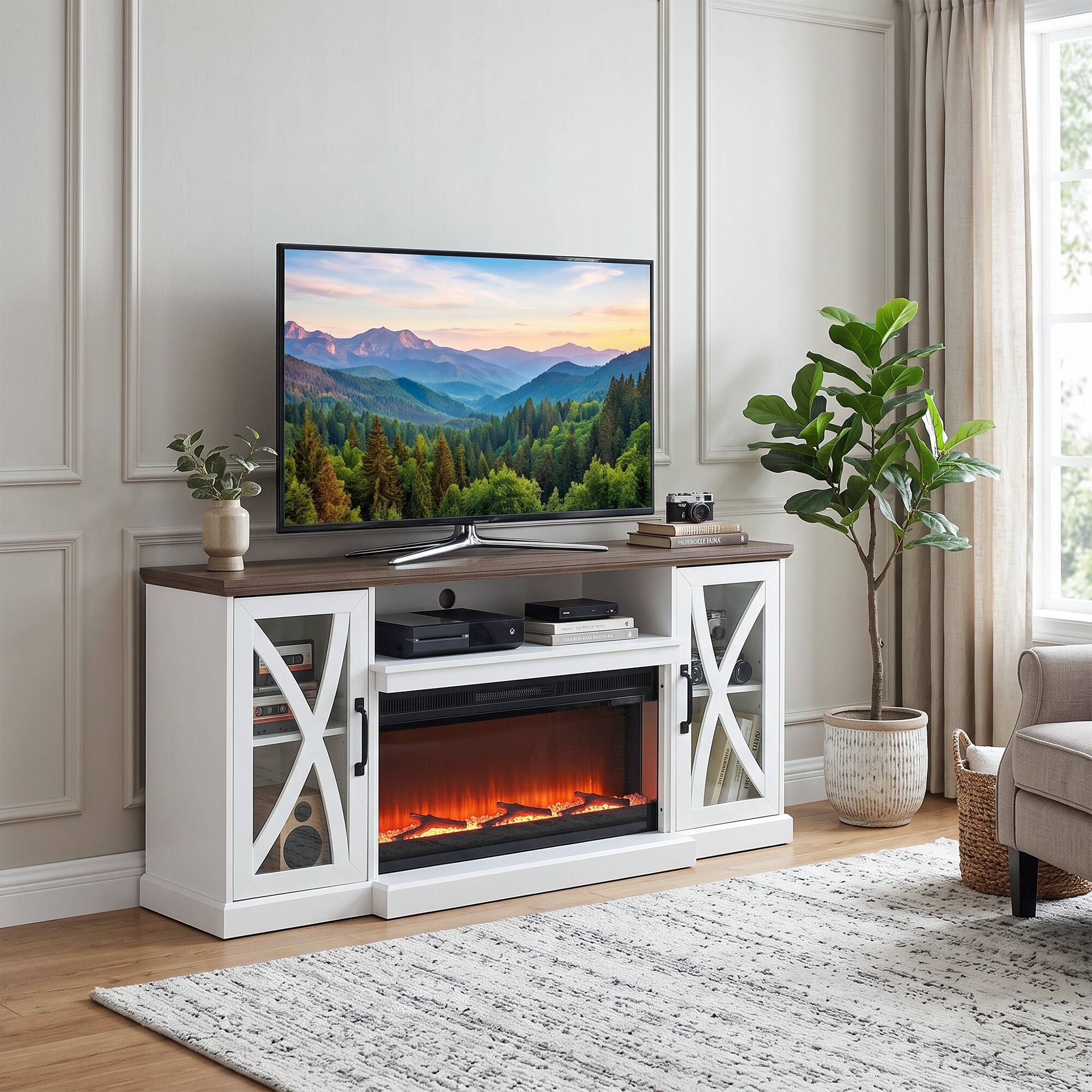 Back. Ihomeadore - 70" Modern Electric Fireplace TV Stand Entertainment Center with 36" Electric Fireplace and Cabinets for TV up to 80" - White.