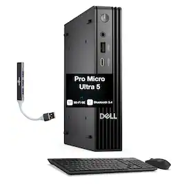 Dell - Pro Micro QCM1250 Mini Desktop (Ultra 5-235T, 64GB, 2TB SSD, Integrated Graphics, WiFi 6E, Win 11 Pro) w/USB Hub - Black