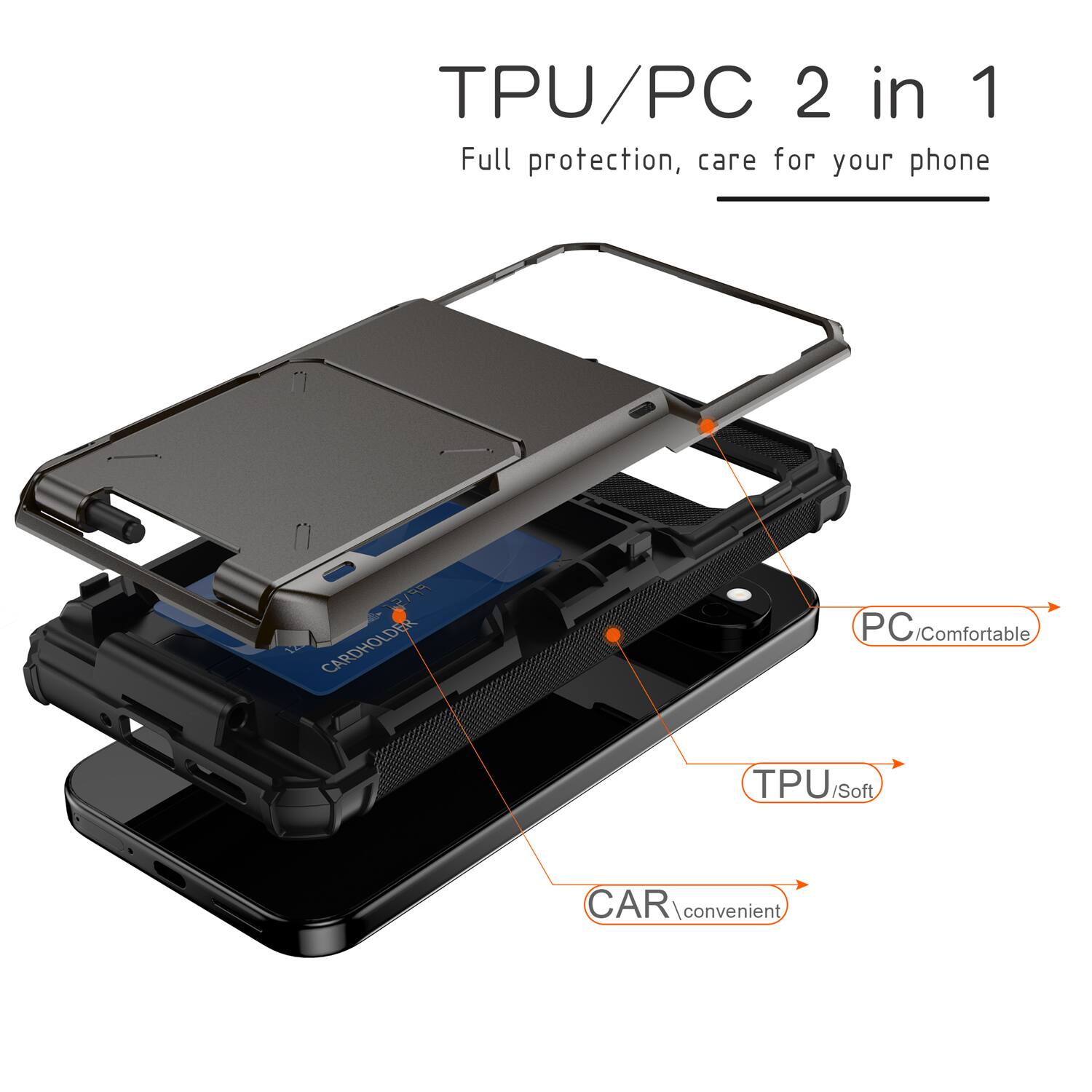 TPU/PC 2 in 1 Full protection, care for your phone

CARDHOLDER

PC/Comfortable

TPU/Soft

CAR/convenient