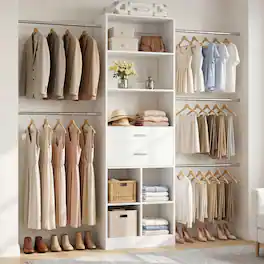 Aheaplus - Small Closet System, 3.2-6.8FT Adjustable Closet Organizer with 2 Drawers & 5 Hanging Rods - White