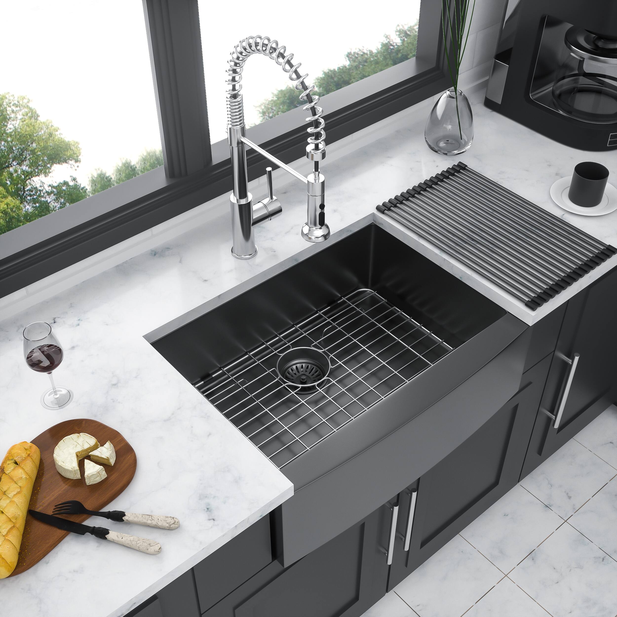 Left. Siljoy - 27 Gunmetal Black Farmhouse Sink - 27*21*10 Inch Kitchen Sink Stainless Steel 16 gauge Apron Front Kitchen Sink - Gunmetal Black.
