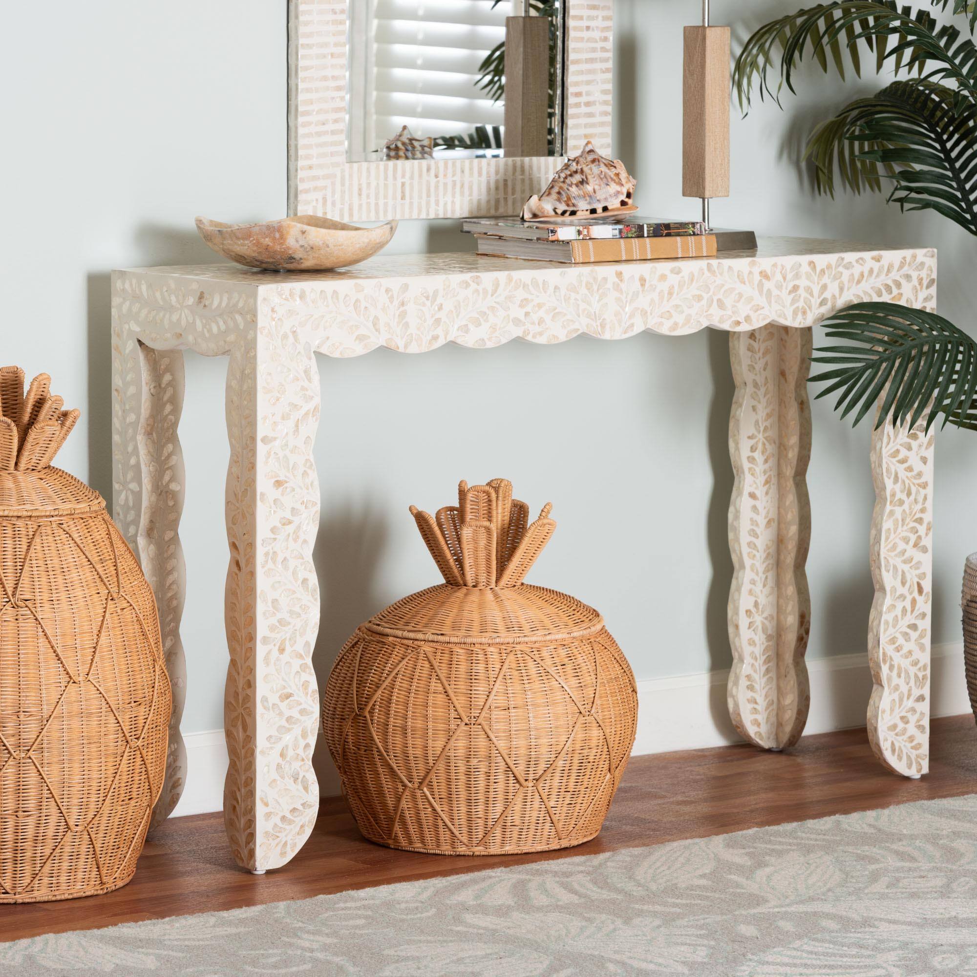 Alt View 3. bali & pari - Hedya Floral Capiz Shell Console Table with Scalloped Detailing - White/Beige.