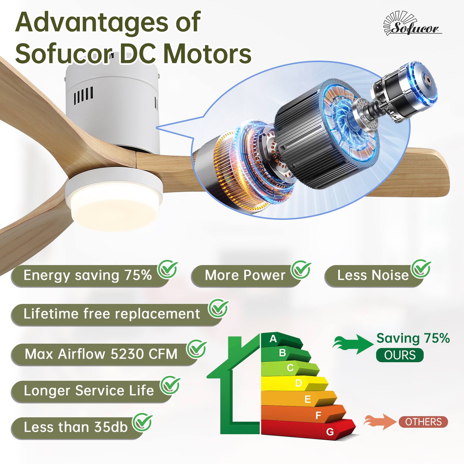 Advantages of Sofucor DC Motors

- Energy saving 75%
- More Power
- Less Noise
- Lifetime free replacement
- Max Airflow 5230 CFM
- Longer Service Life
- Less than 35db

Saving 75% OURS

OTHERS
