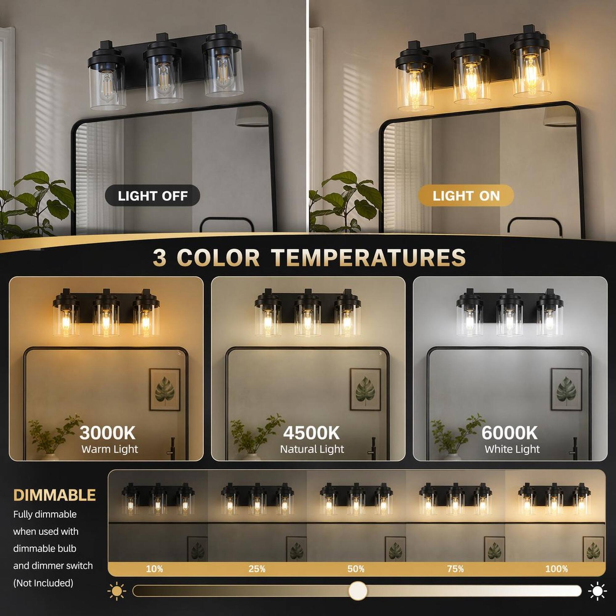 LIGHT OFF  
LIGHT ON  
3 COLOR TEMPERATURES  
3000K Warm Light  
4500K Natural Light  
6000K White Light  
DIMMABLE  
Fully dimmable when used with dimmable bulb and dimmer switch (Not Included)  
10%  
25%  
50%  
75%  
100%