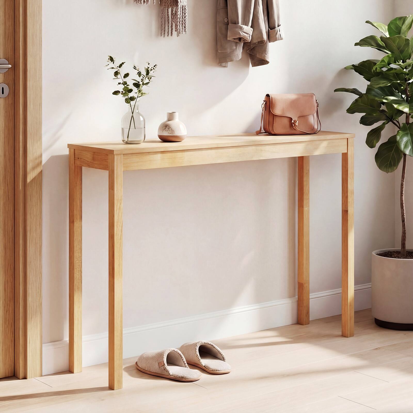 Alt View 4. Gymax - Gymax 48'' Modern Farmhouse Sofa Table w/Thickened Top & Solid Wood Legs for Entryway Natural - Yellow.