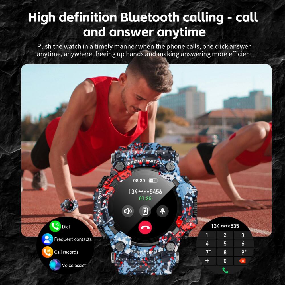 High definition Bluetooth calling - call and answer anytime

Push the watch in a timely manner when the phone calls, one click answer anytime, anywhere, freeing up hands and making answering more efficient

SPORT WATCH LIGHT MODE

Dial
Frequent contacts
Call records
Voice assist

08:30
134 *** 5456
01:26

ATER RESIST RESET

134 *** 535

1 2 3
4 5 6
7 8 9
+ 0 x