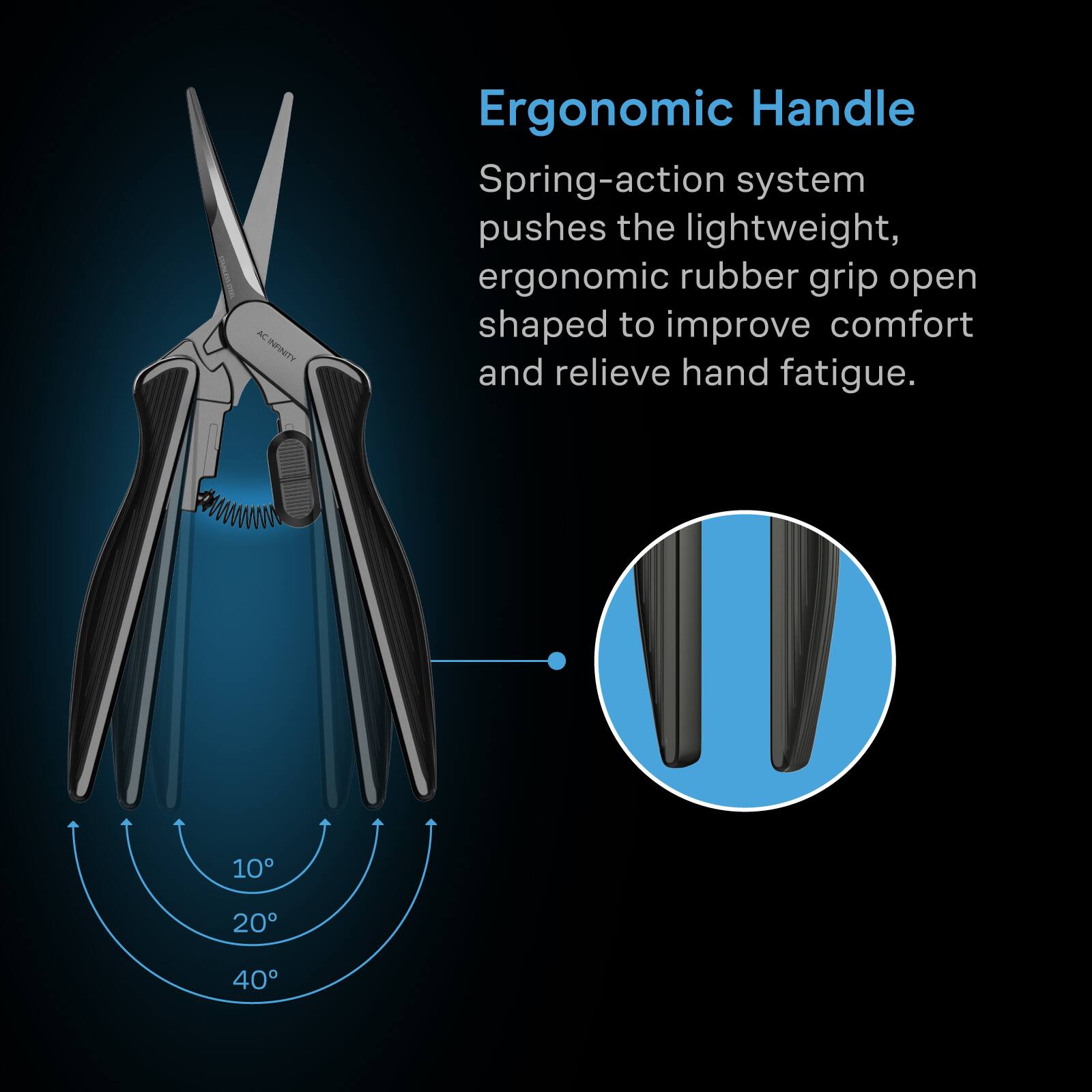 AC INFINITY

Ergonomic Handle

Spring-action system pushes the lightweight, ergonomic rubber grip open shaped to improve comfort and relieve hand fatigue.

10°
20°
40°