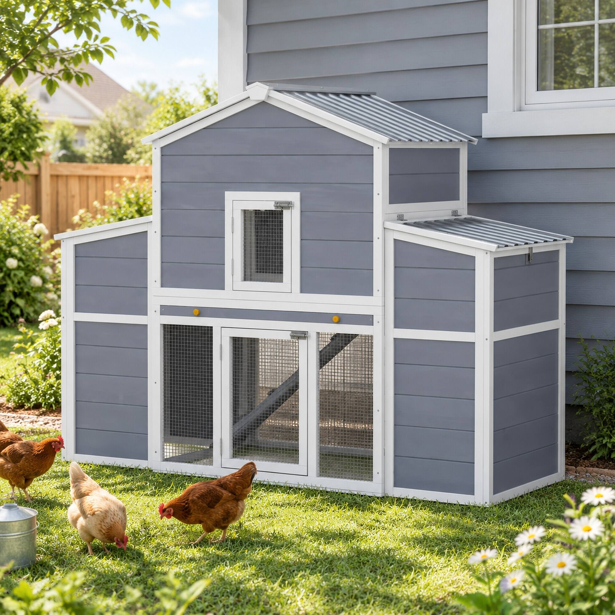 Back. RYHNUYNE - Wooden Chicken Coop, 66.5 in Large Pet House, Pine Wood, 2-4 Chickens, Gray.