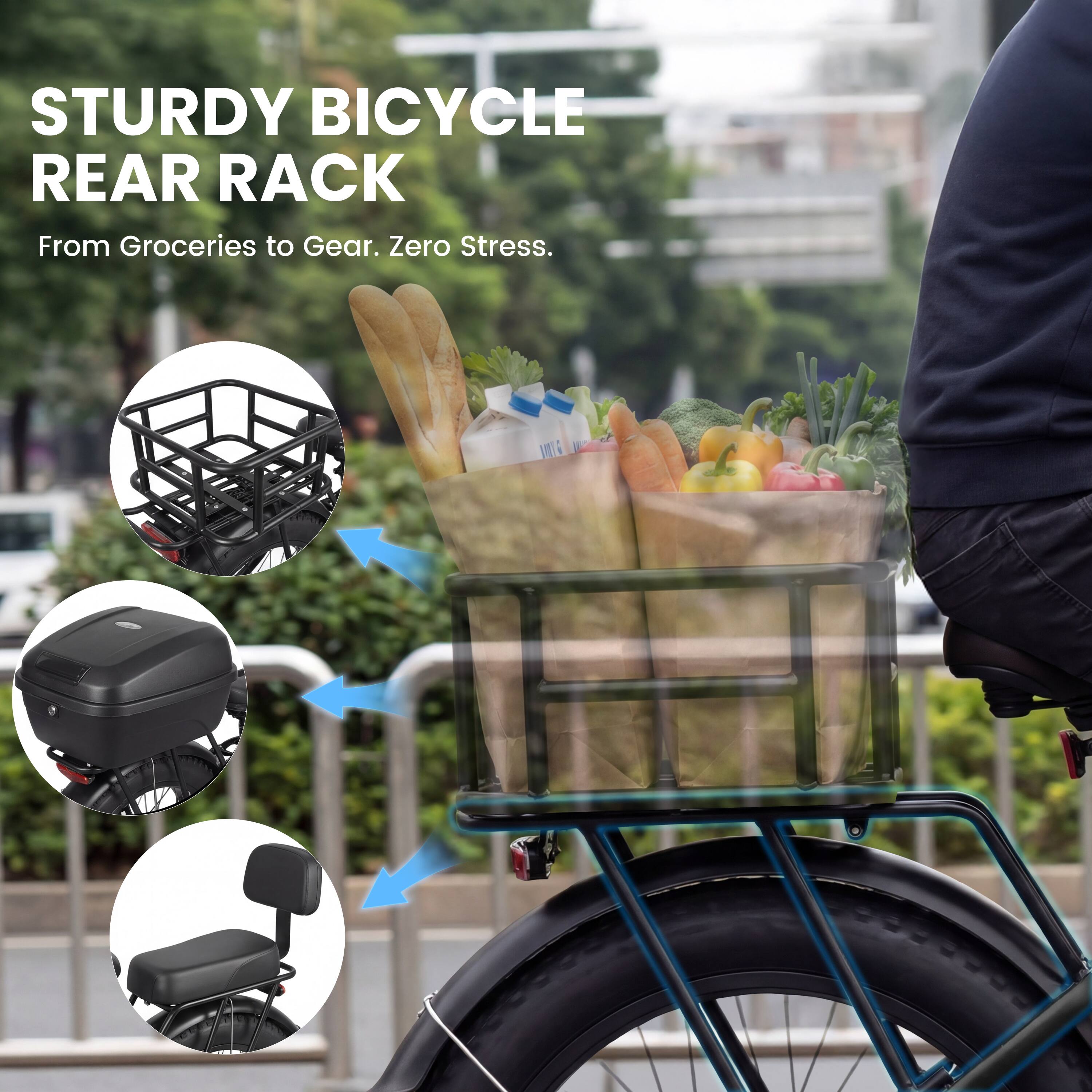 STURDY BICYCLE REAR RACK  
From Groceries to Gear. Zero Stress.