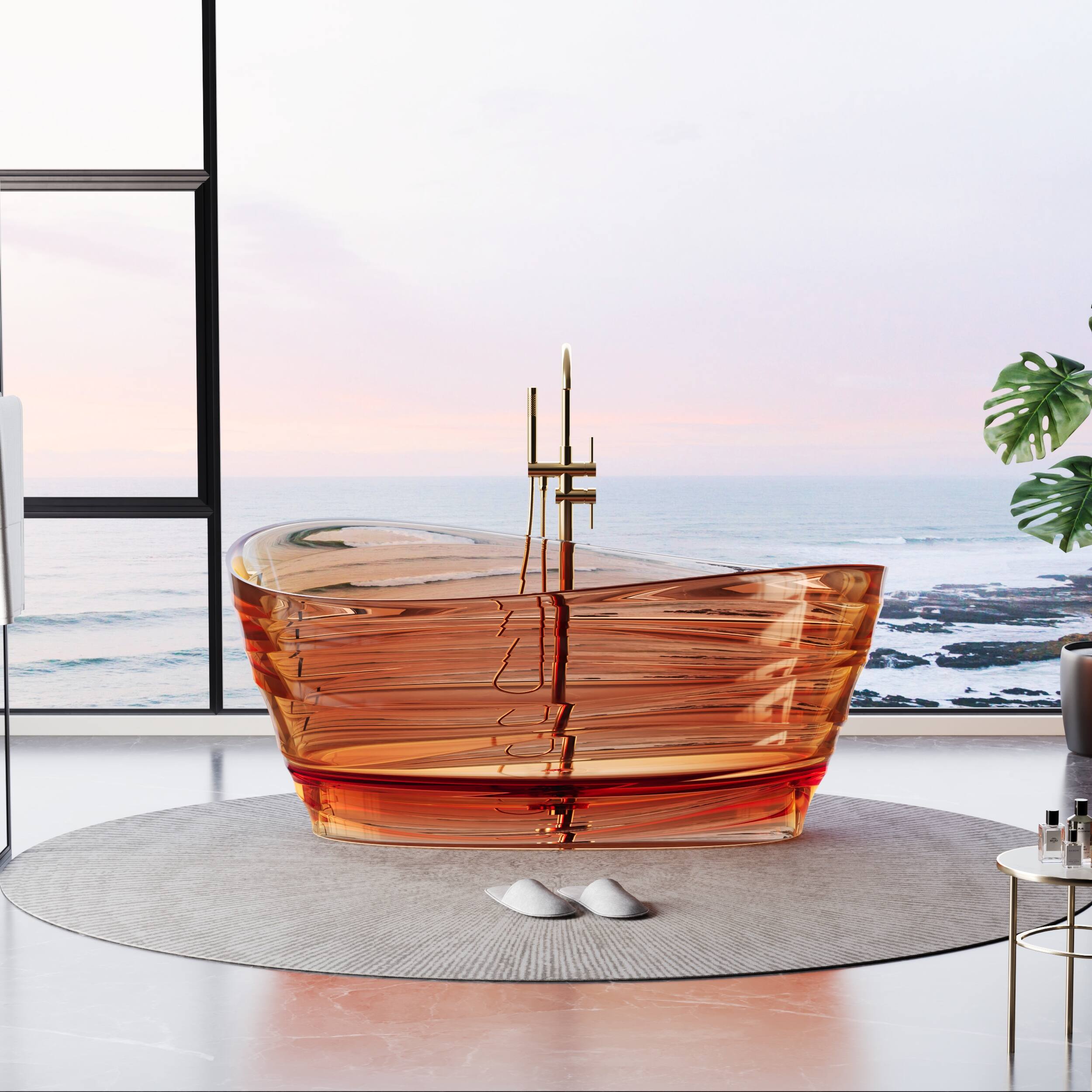 Front. WELLFOR - AQUA 62 in. x 35 in. Resin Solid Surface Flatbottom Freestanding Soaking Bathtub with Center Drain - Champagne.