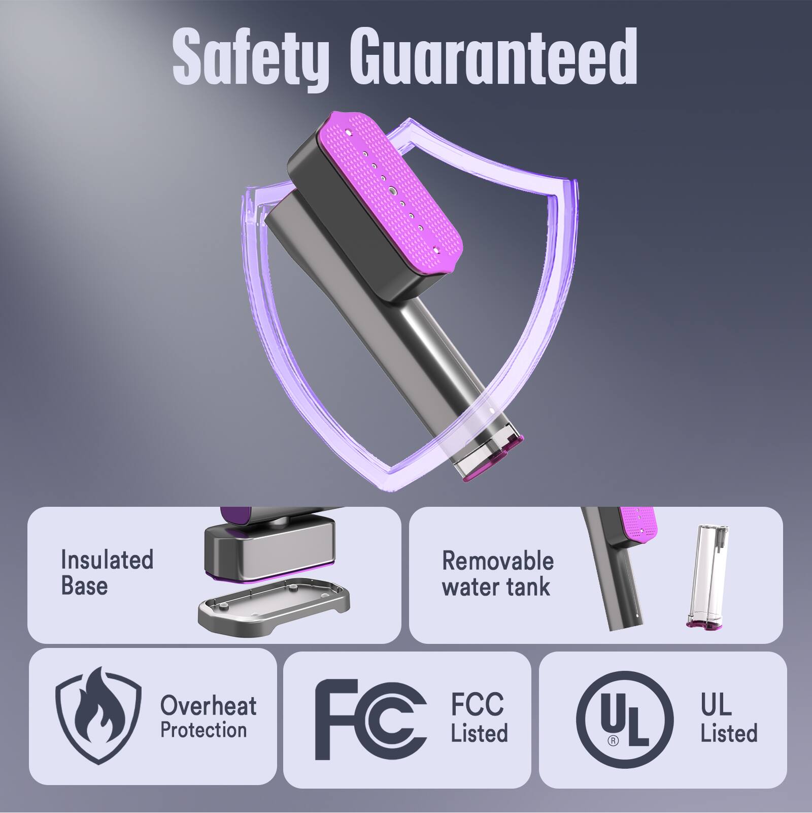 Safety Guaranteed  
- Insulated Base  
- Removable water tank  
- Overheat Protection  
- FCC Listed  
- UL Listed