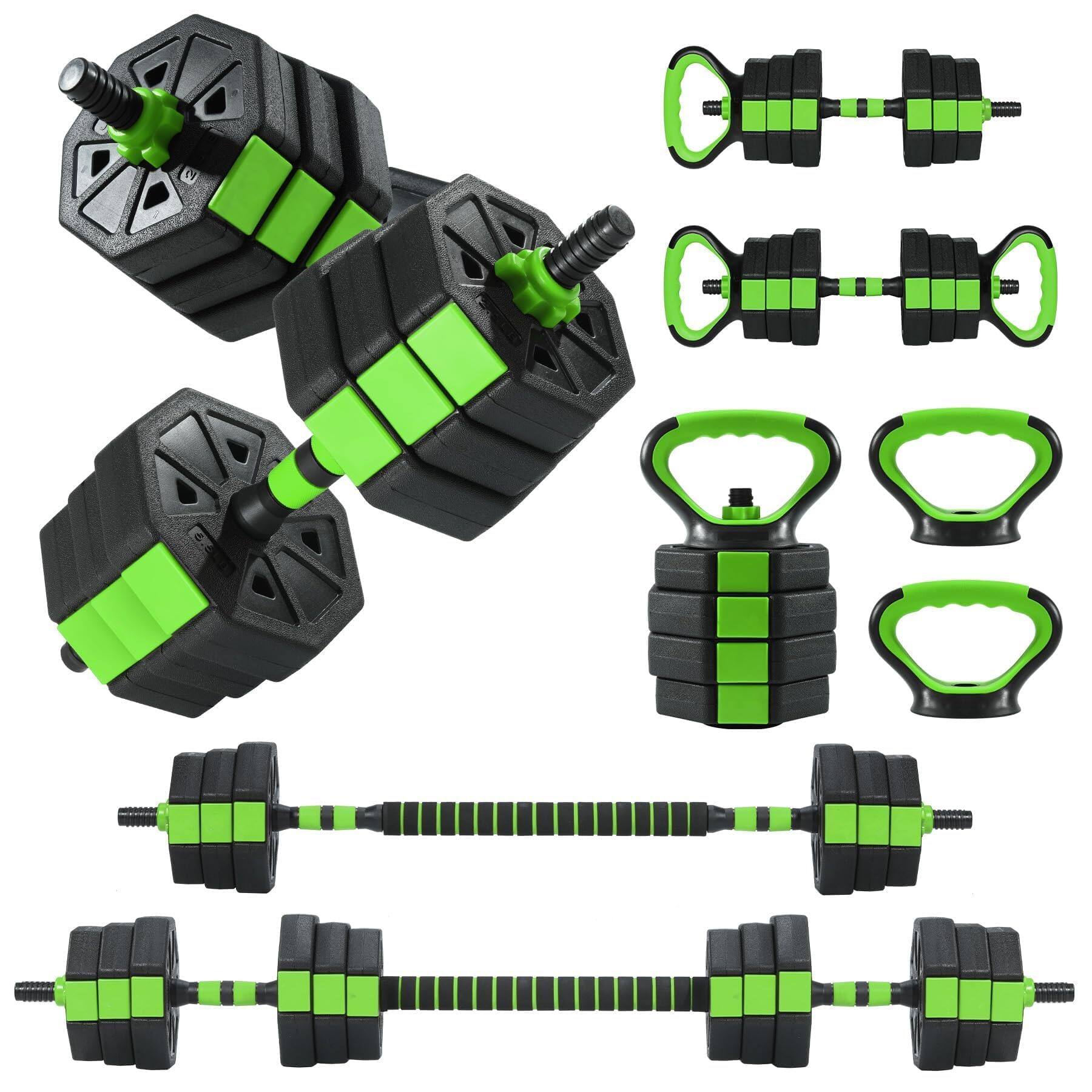 Front. Qeetex - 4-In-1 Adjustable Dumbbell Set 88 Lbs – Converts to Barbell, Kettlebell & Push-Up Stand for Home Gym - Green.
