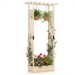 Costway - 1 PCS 89" Wooden Raised Garden Bed with Trellis & Hanging Roof, Drainage Holes for Patio - Natural