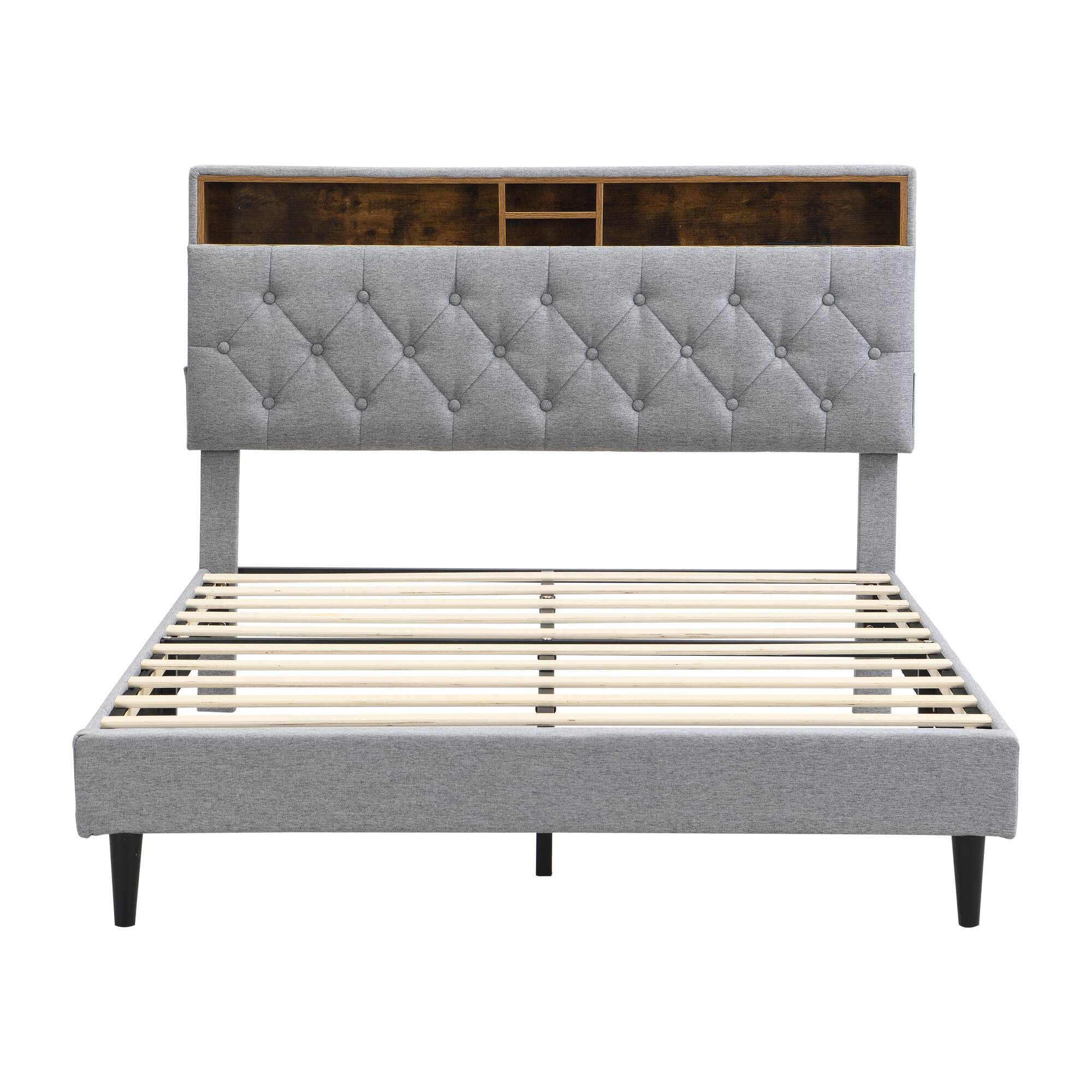 Back. GOODSILO - Queen-Size Upholstered Platform Bed Frame with Modern Button-Tufted Headboard and USB Charging Ports - Light Gray.