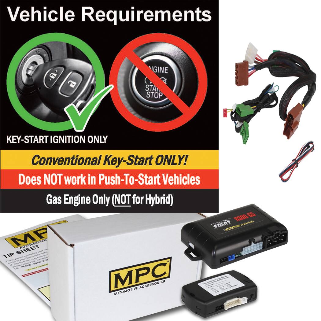 Vehicle Requirements

KEY-START IGNITION ONLY

Conventional Key-Start ONLY!
Does NOT work in Push-To-Start Vehicles

Gas Engine Only (NOT for Hybrid)

MPC AUTOMOTIVE ACCESSORIES

TIP SHEET

RS00-65 START COMPRESSOR