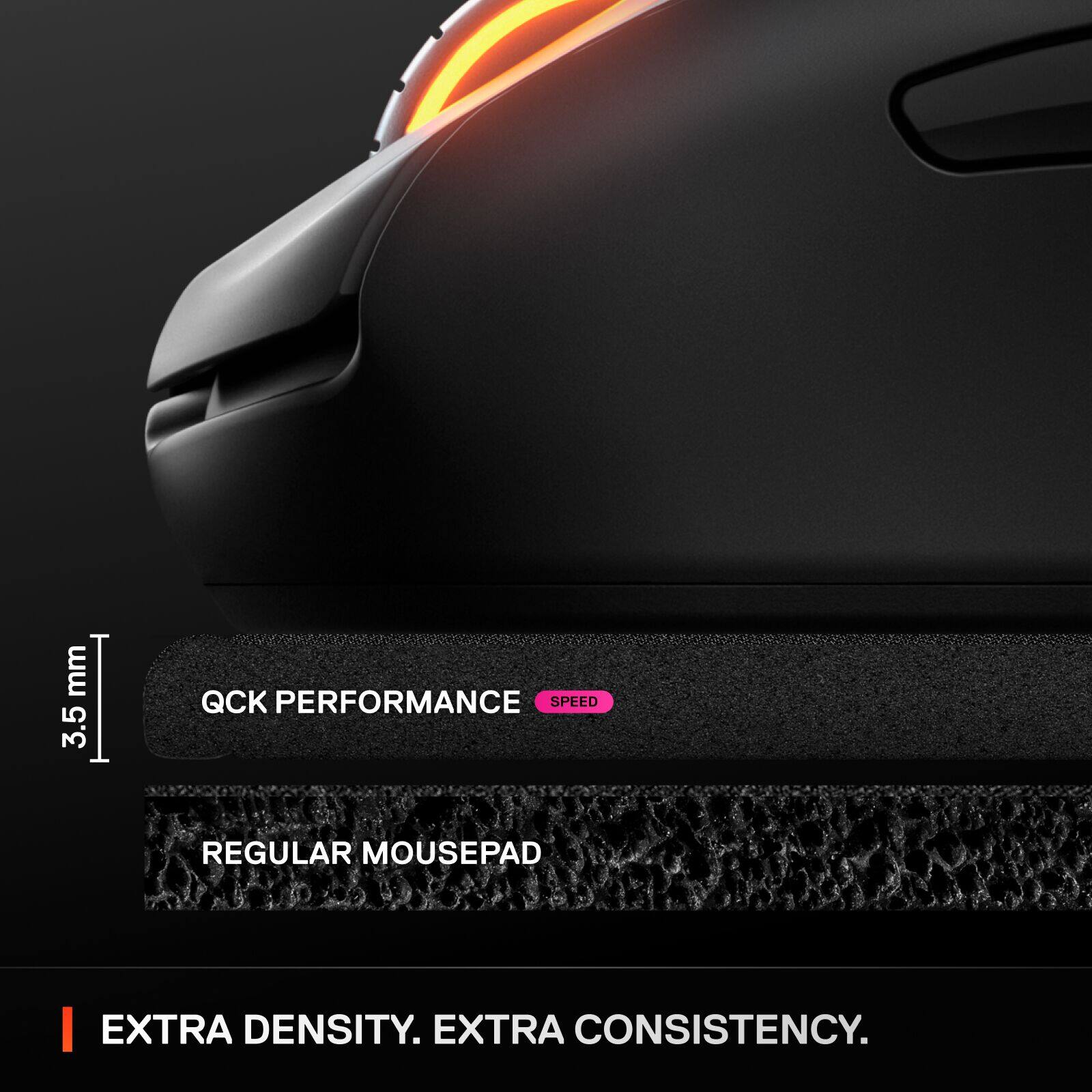 The text on the image reads: "mm 3.5 I QCK PERFORMANCE SPEED REGULAR MOUSEPAD EXTRA DENSITY. EXTRA CONSISTENCY." This text is grouped and corrected as follows:

"mm 3.5 I QCK PERFORMANCE SPEED REGULAR MOUSEPAD EXTRA DENSITY. EXTRA CONSISTENCY."