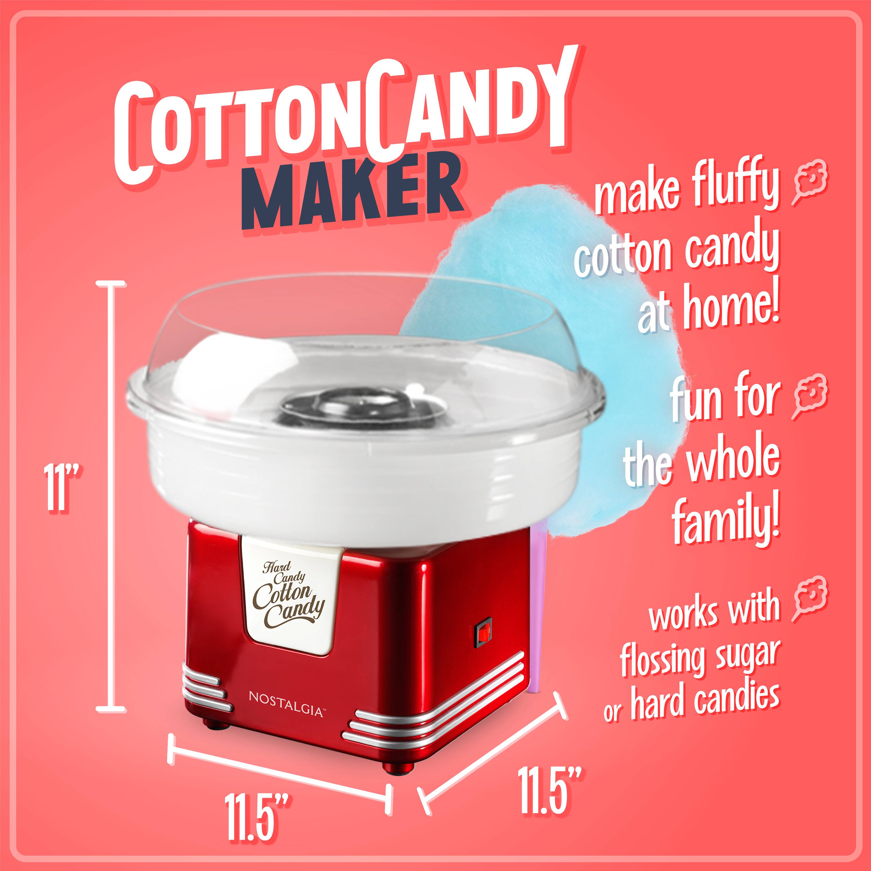 COTTON CANDY MAKER: make fluffy cotton candy at home! fun for the whole family! Works with flossing sugar or hard candies. 11" x 11.5" x 11.5"