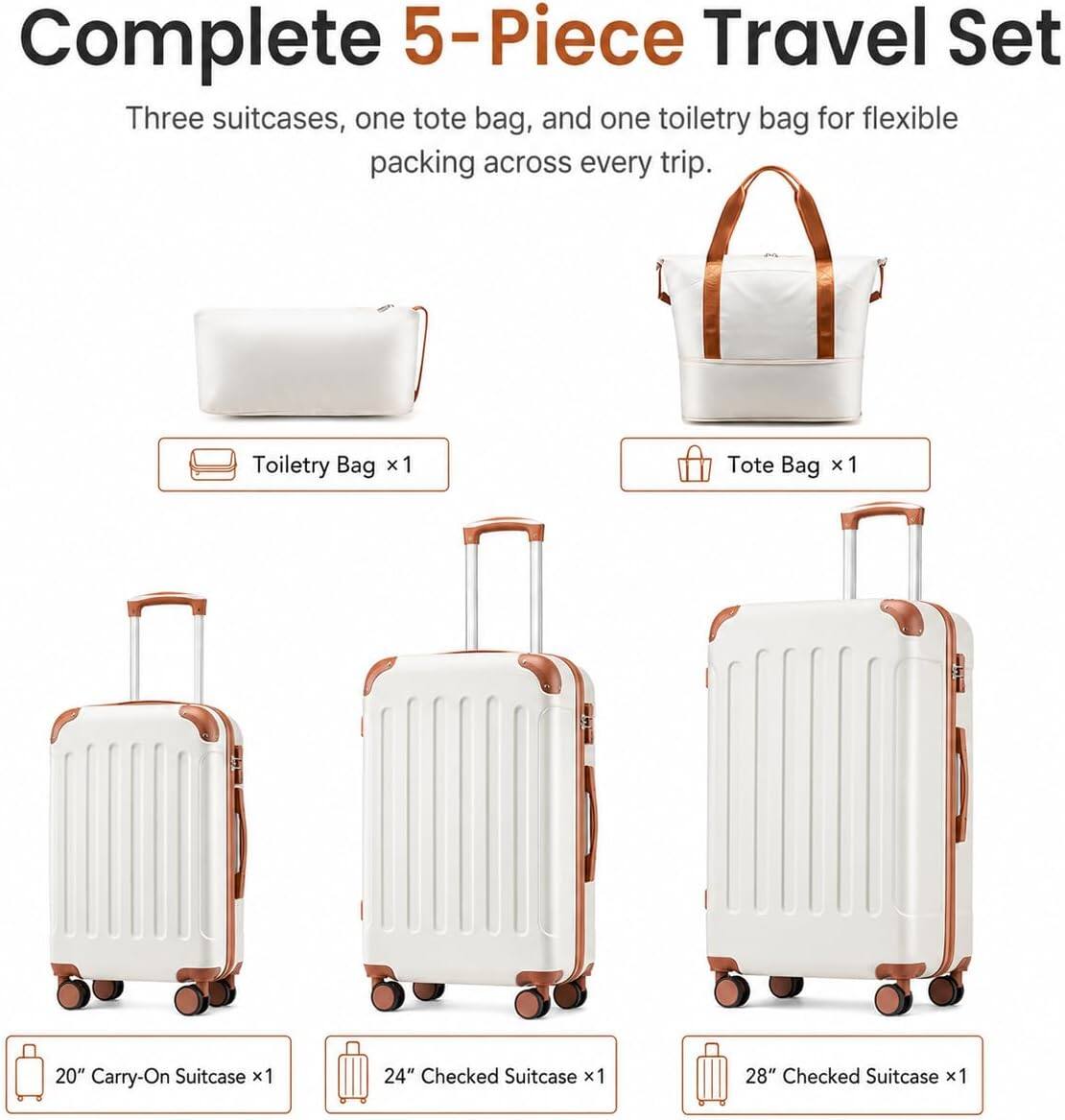 Complete 5-Piece Travel Set

Three suitcases, one tote bag, and one toiletry bag for flexible packing across every trip.

- Toiletry Bag x 1
- Tote Bag x 1
- 20" Carry-On Suitcase x 1
- 24" Checked Suitcase x 1
- 28" Checked Suitcase x 1
