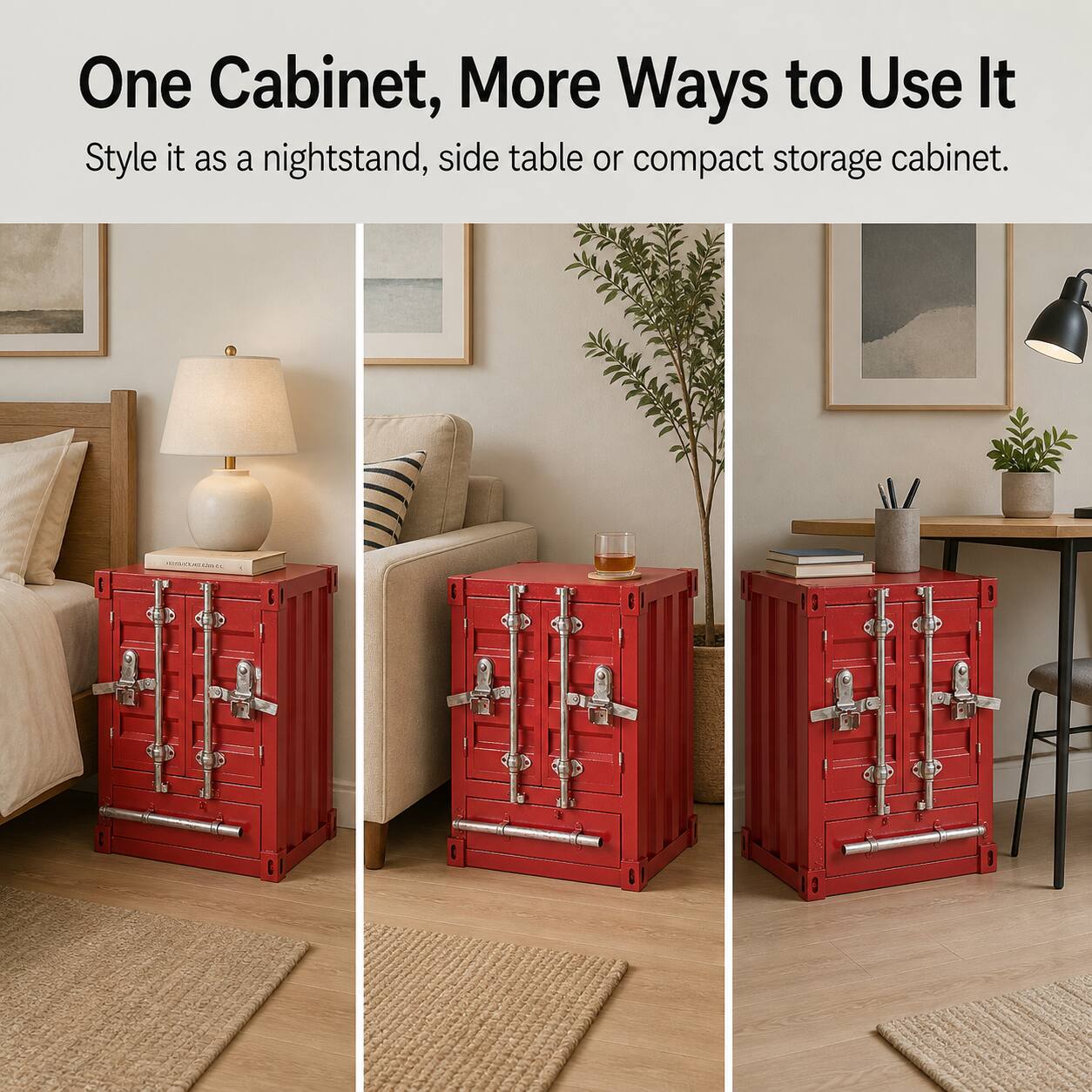 One Cabinet, More Ways to Use It  
Style it as a nightstand, side table or compact storage cabinet.  
ARTIFIOURTADO.COM