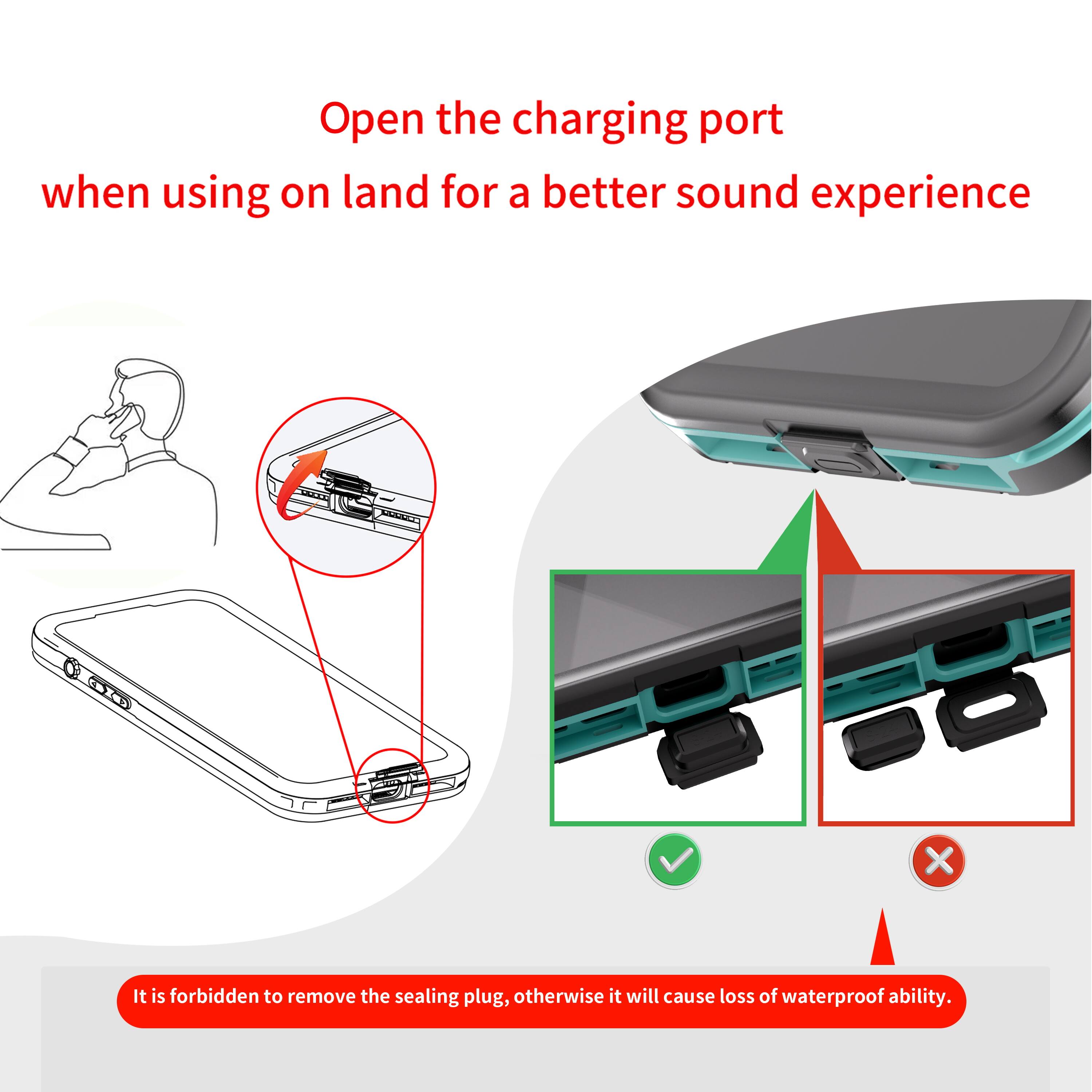 Open the charging port when using on land for a better sound experience. It is forbidden to remove the sealing plug, otherwise it will cause loss of waterproof ability.