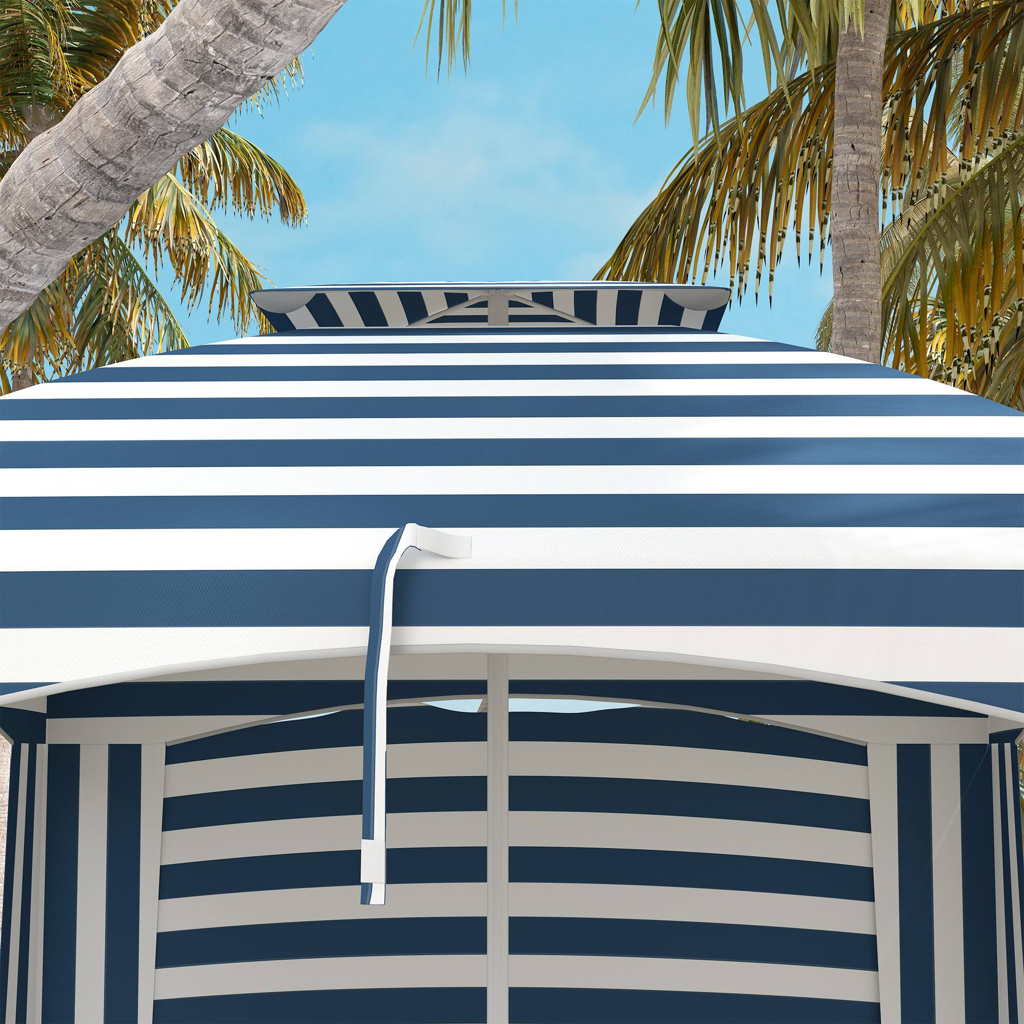 Alt View 4. Outsunny - 5.8' x 5.8' Portable Beach Umbrella with Double-Top, Ruffled Outdoor Cabana with Walls, Vents, Sandbags, Carry Bag - Blue White Strip.